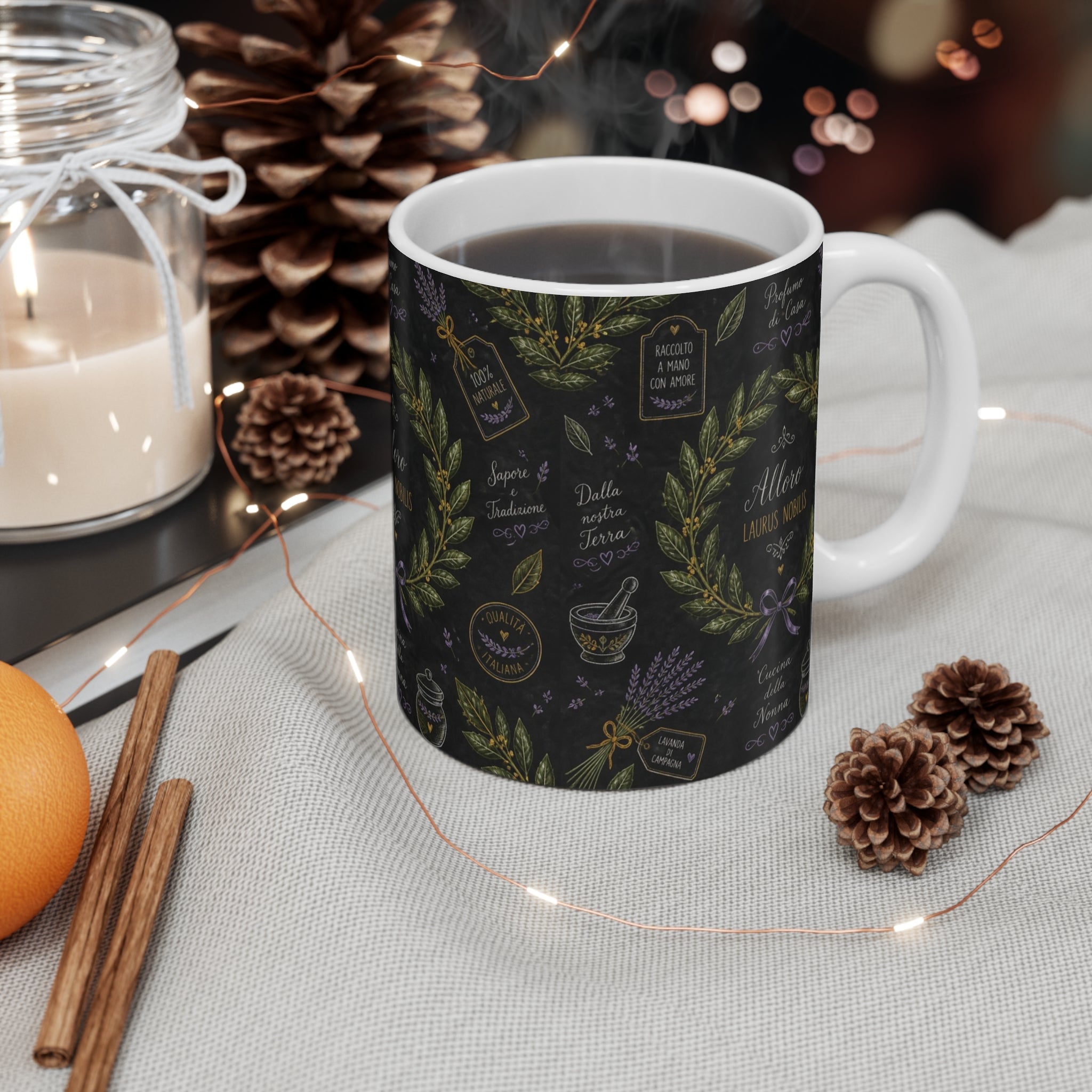 Bay Laurel Wreath 11oz Ceramic Mug Mediterranean Kitchen Chalk Art Design Italian Cottagecore Gift
