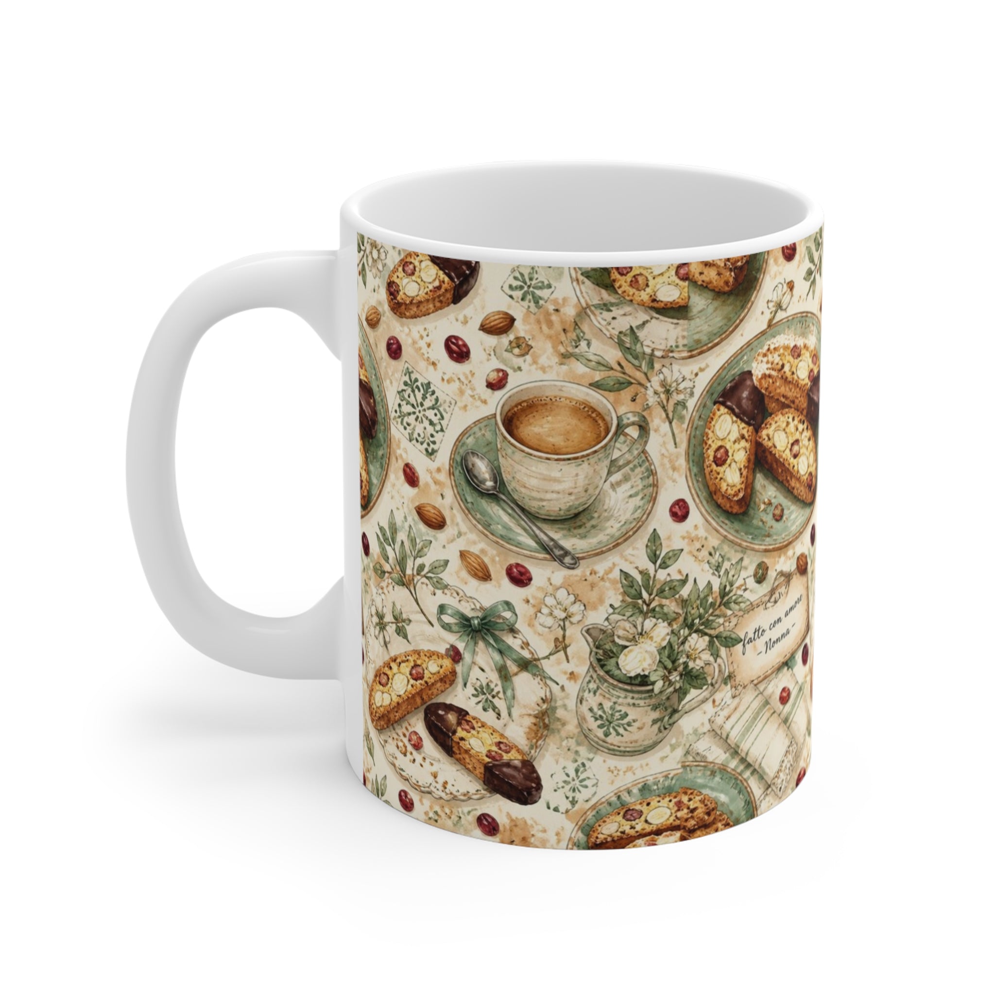 Almond Biscotti 11oz Ceramic Mug Mediterranean Kitchen Watercolor Design Italian Cottagecore Gift
