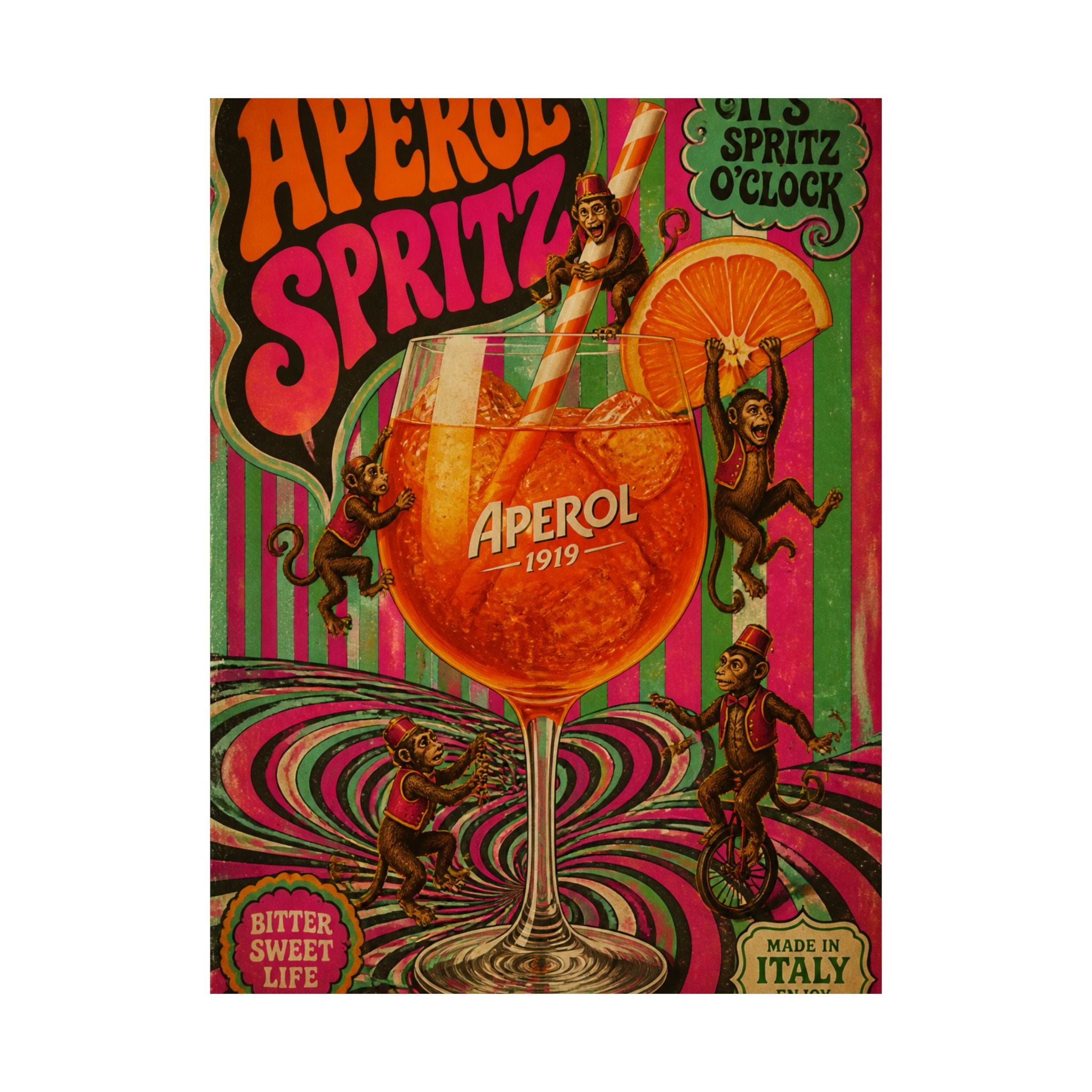 Aperol Spritz Monkeys Wall Art Poster 24×36 Psychedelic Dining Room Decor Maximalist Print