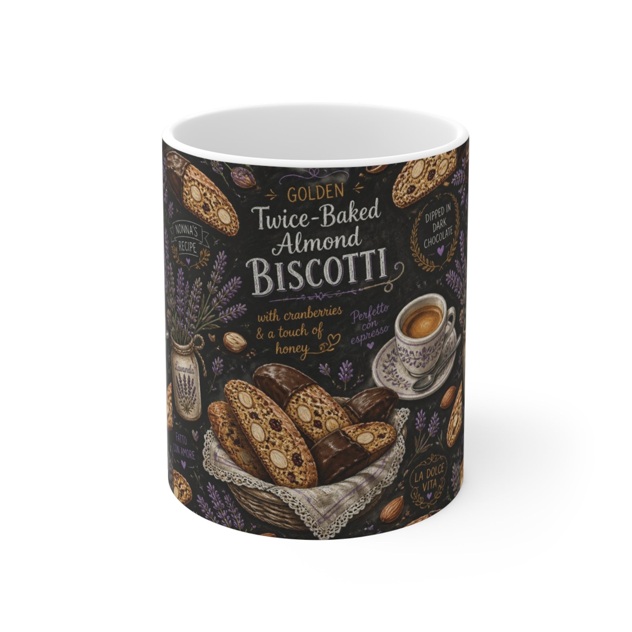 Almond Biscotti 11oz Ceramic Mug Mediterranean Kitchen Chalk Art Design Italian Cottagecore Gift