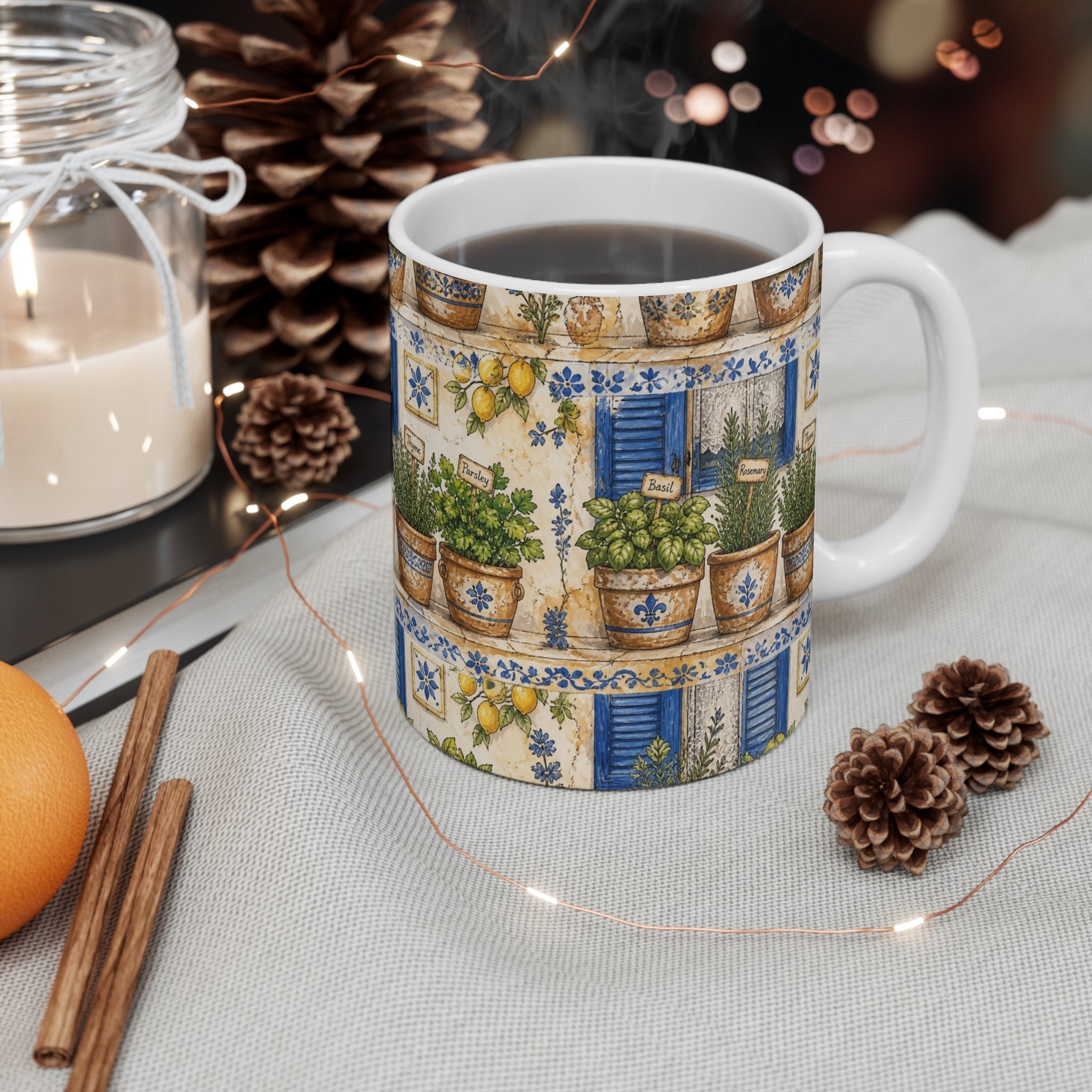 Terracotta Herb Pots 11oz Ceramic Mug Mediterranean Kitchen Watercolor Design Italian Cottagecore Gift