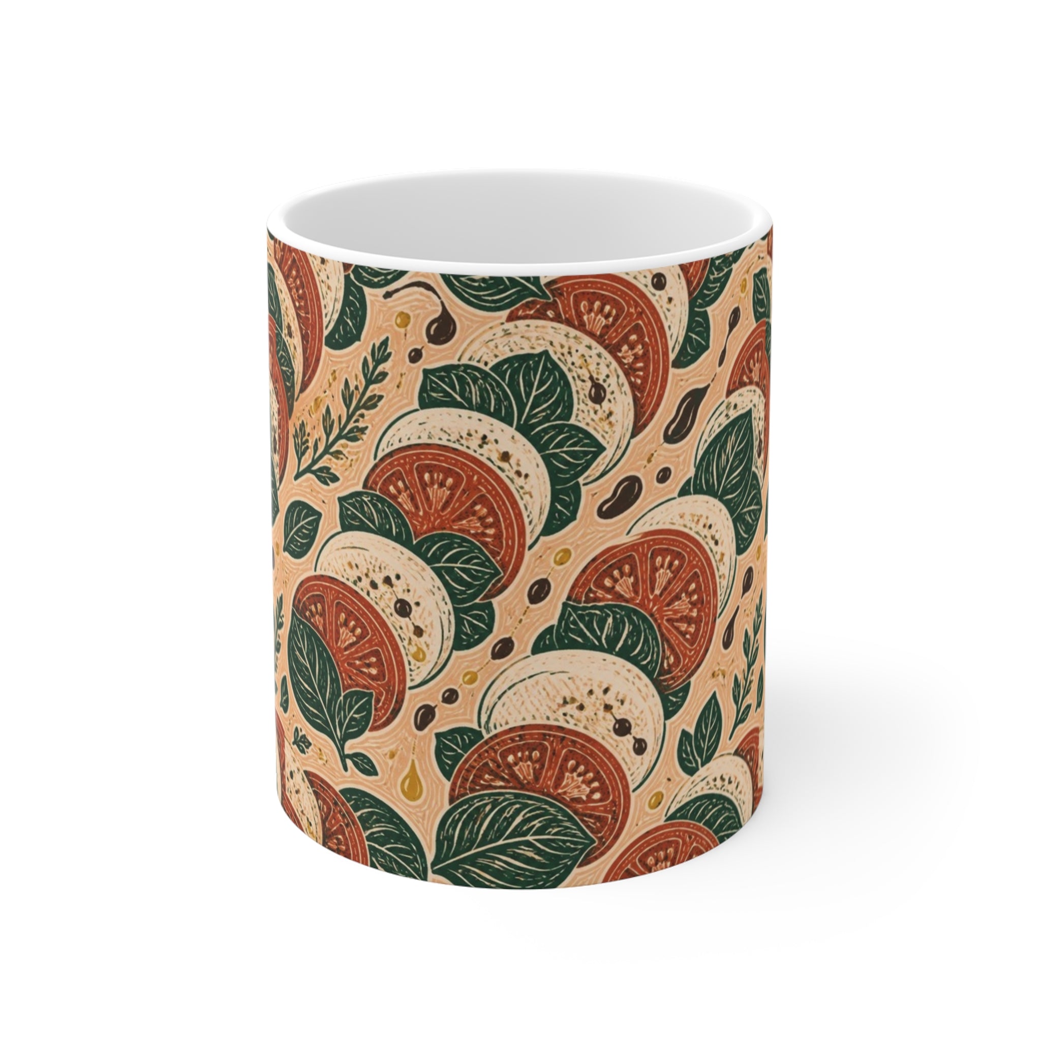 Caprese Arrangement 11oz Ceramic Mug Mediterranean Kitchen Linocut Design Italian Cottagecore Gift