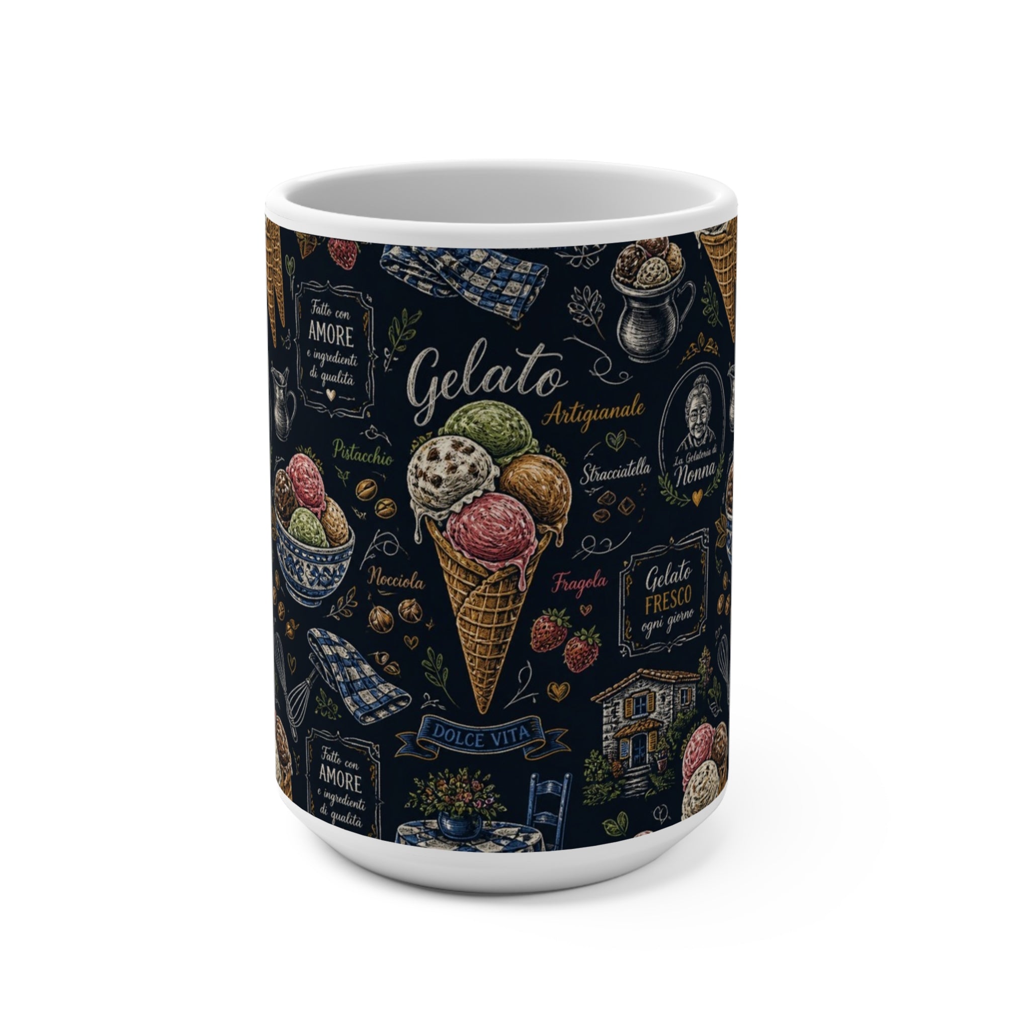 Gelato Scoops 15oz Ceramic Mug Mediterranean Kitchen Chalk Art Design Italian Cottagecore Gift