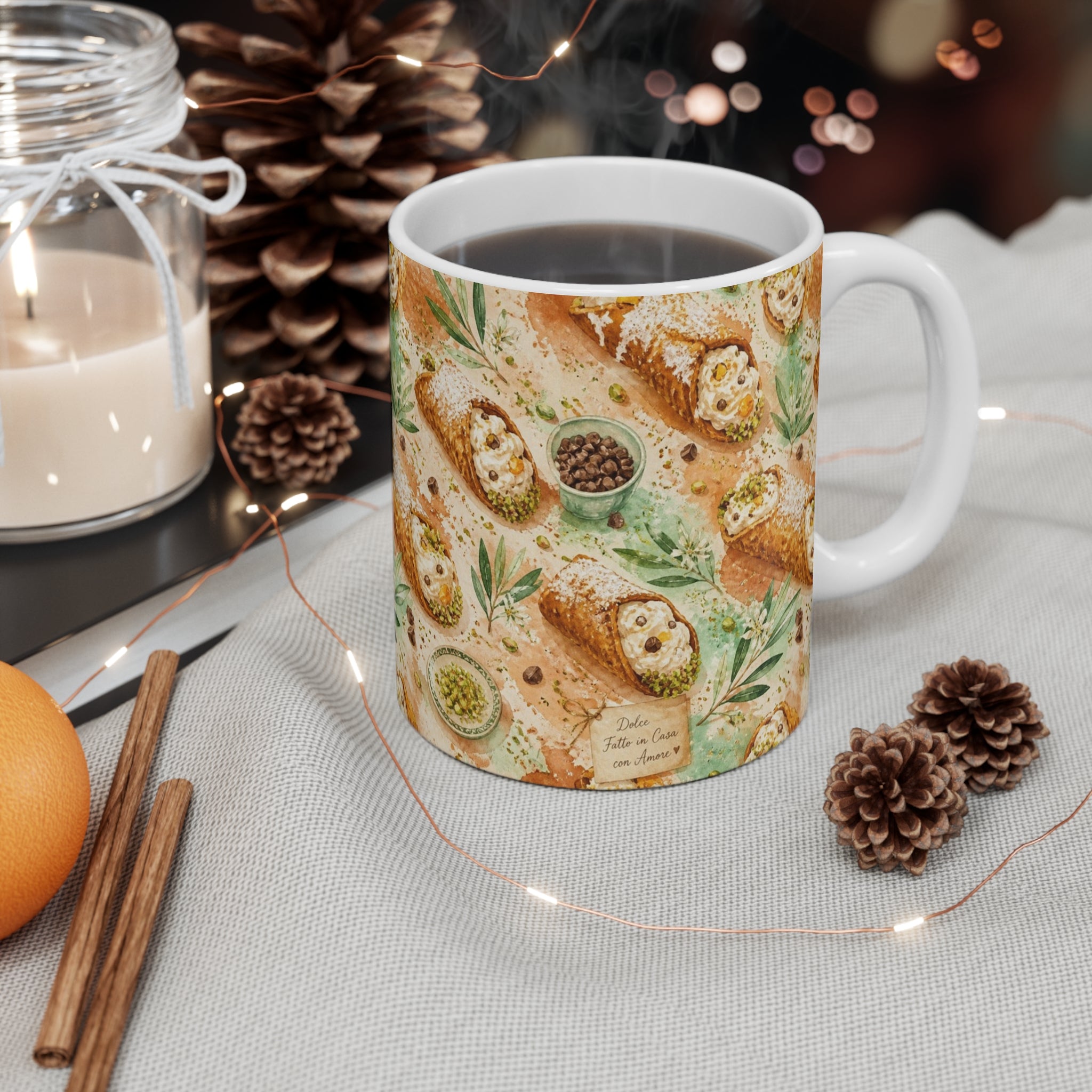 Sicilian Cannoli 11oz Ceramic Mug Mediterranean Kitchen Watercolor Splash Design Italian Cottagecore Gift