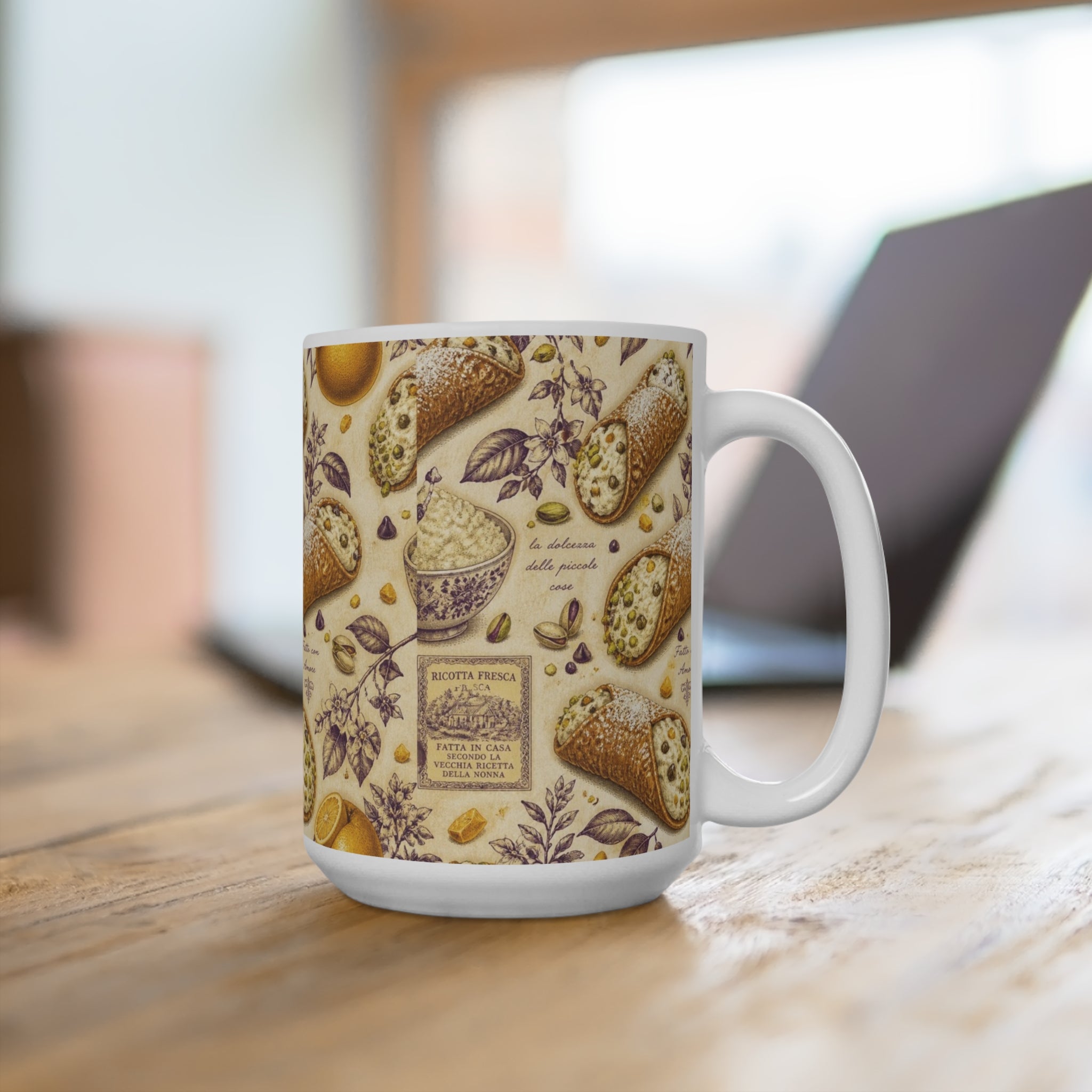 Sicilian Cannoli 15oz Ceramic Mug Mediterranean Kitchen Botanical Design Italian Cottagecore Gift