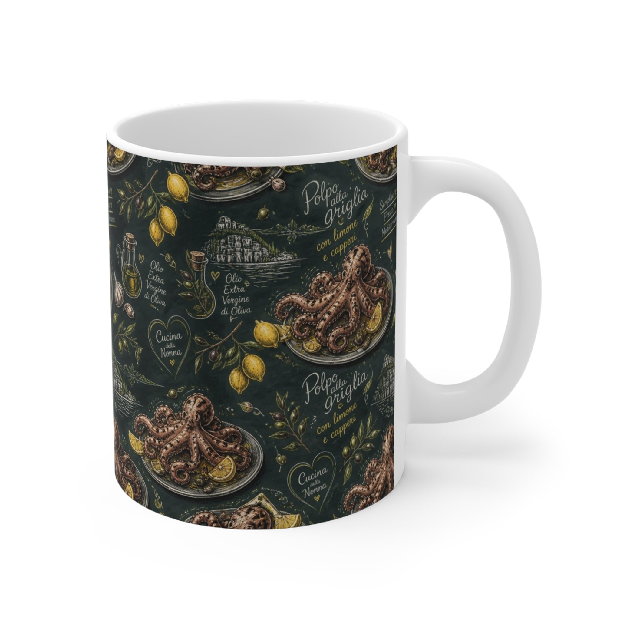 Grilled Octopus 11oz Ceramic Mug Mediterranean Kitchen Chalk Art Design Italian Cottagecore Gift