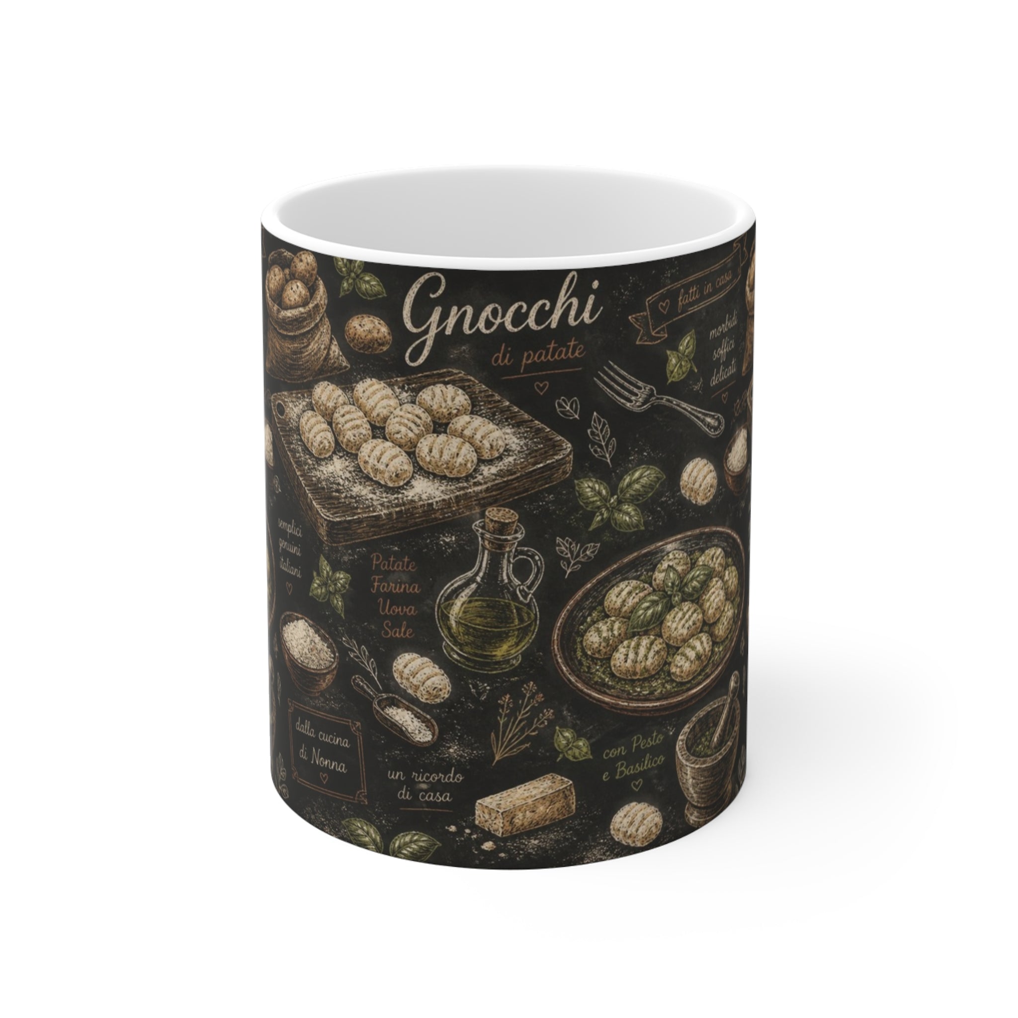 Potato Gnocchi 11oz Ceramic Mug Mediterranean Kitchen Chalk Art Design Italian Cottagecore Gift