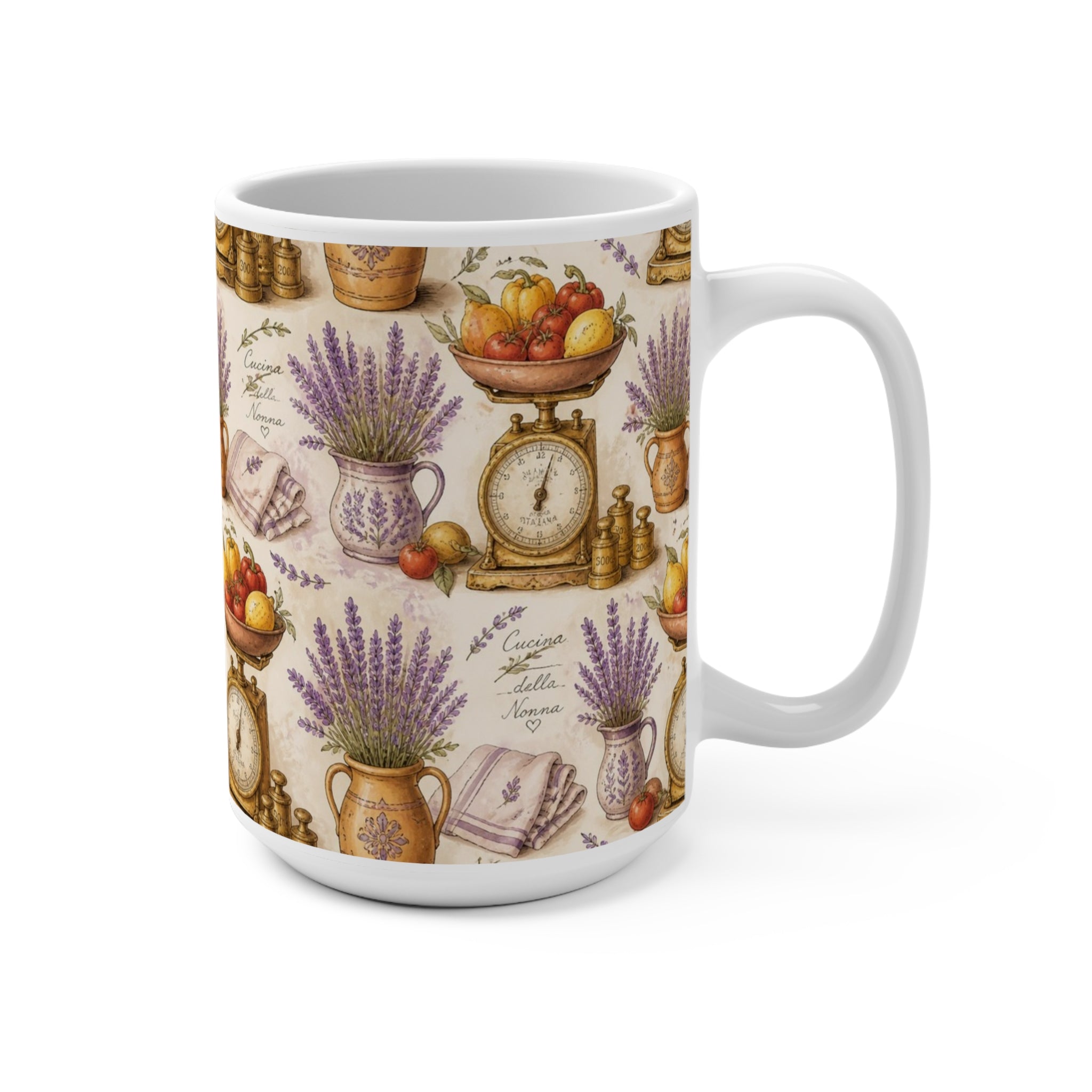 Vintage Kitchen Scale 15oz Ceramic Mug Mediterranean Kitchen Watercolor Design Italian Cottagecore Gift