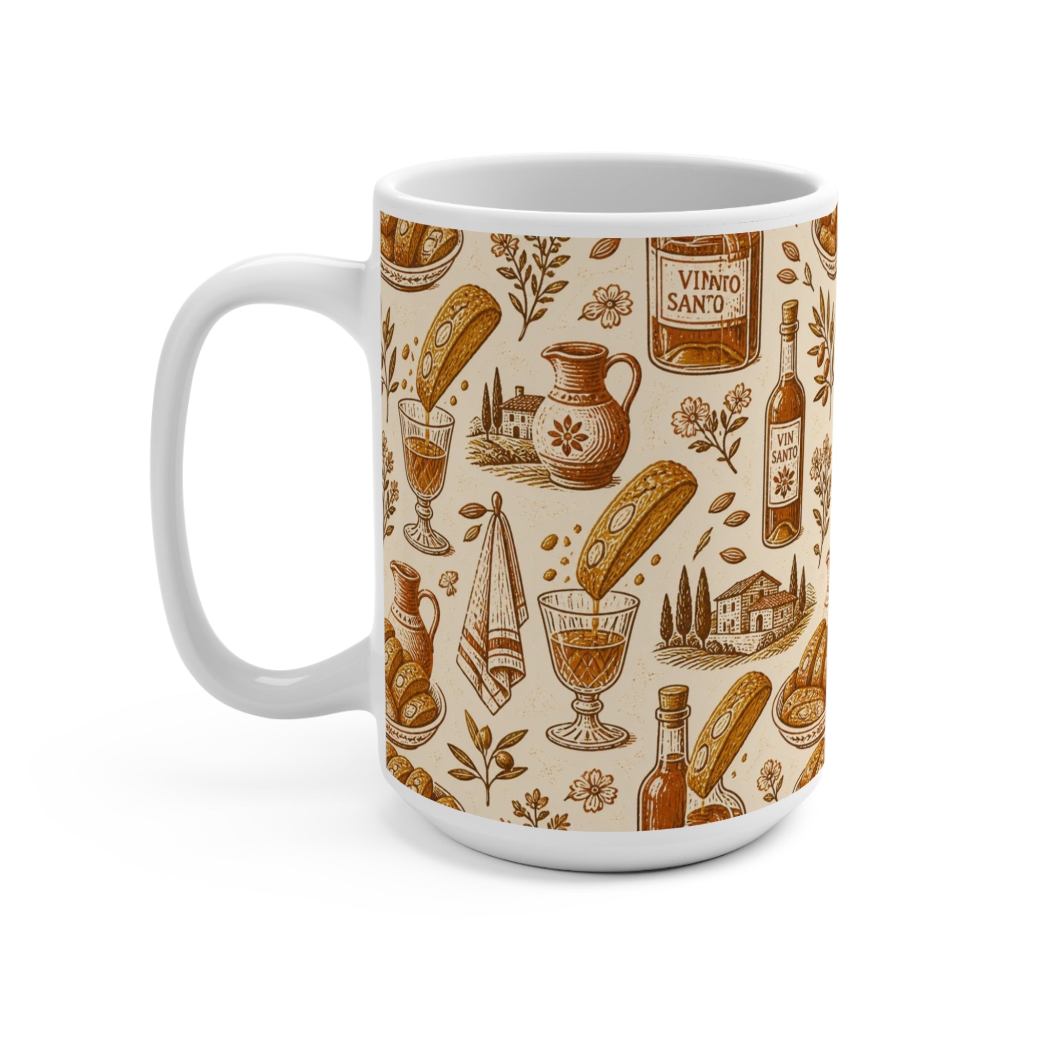 Biscotti & Vin Santo 15oz Ceramic Mug Mediterranean Kitchen Linocut Design Italian Cottagecore Gift