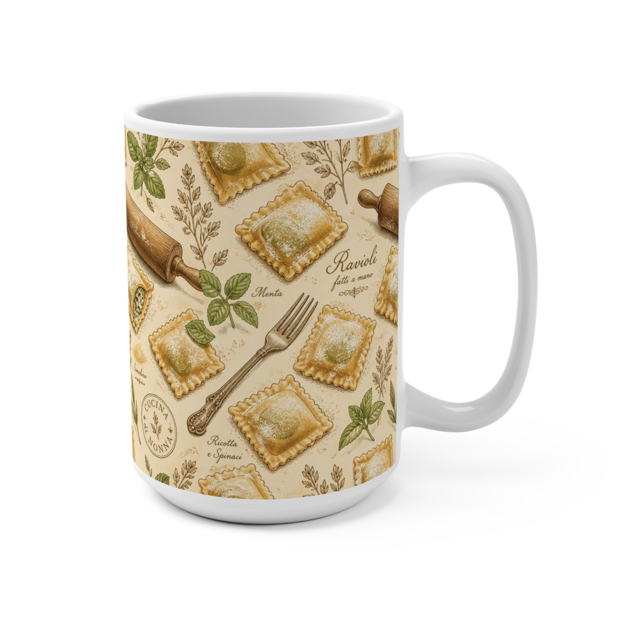Fresh Ravioli 15oz Ceramic Mug Mediterranean Kitchen Botanical Design Italian Cottagecore Gift