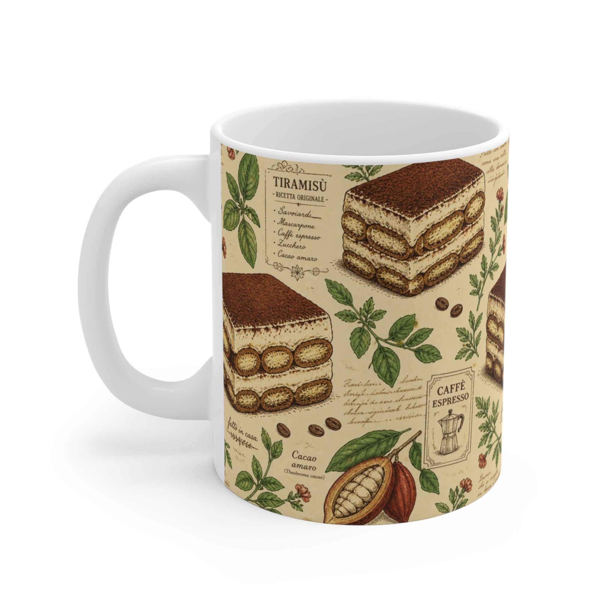 Tiramisu Layers 11oz Ceramic Mug Mediterranean Kitchen Botanical Design Italian Cottagecore Gift