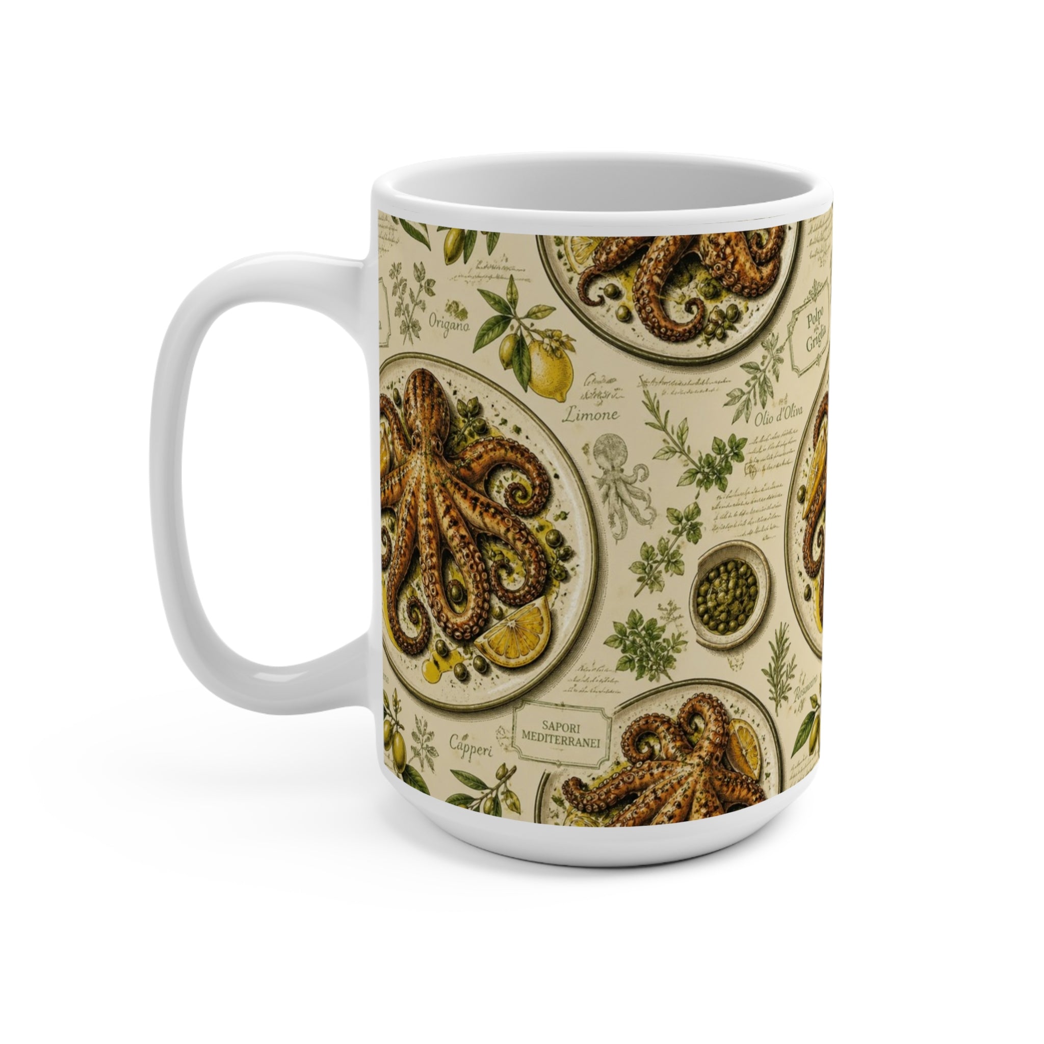 Grilled Octopus 15oz Ceramic Mug Mediterranean Kitchen Botanical Design Italian Cottagecore Gift