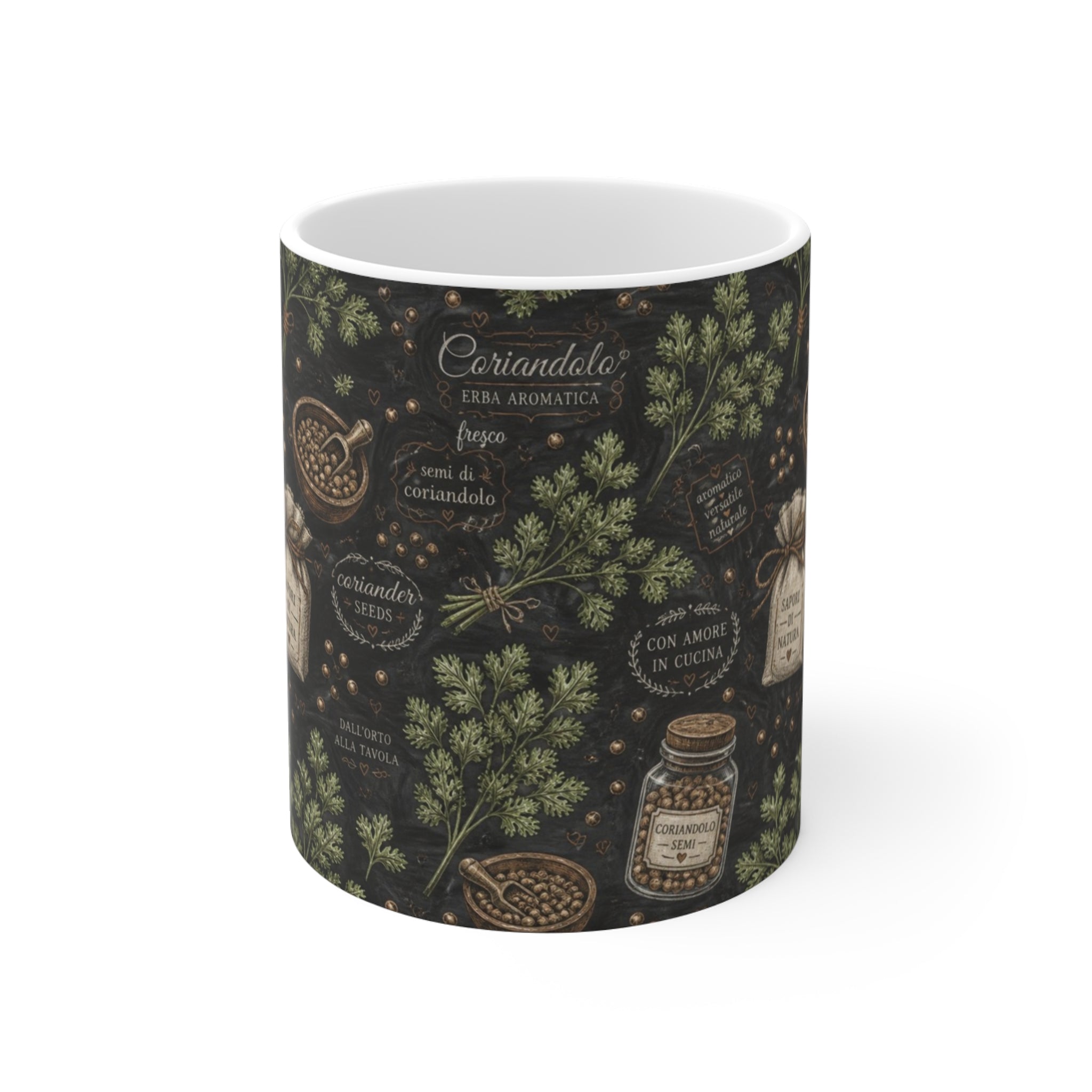 Coriander & Seeds 11oz Ceramic Mug Mediterranean Kitchen Chalk Art Design Italian Cottagecore Gift
