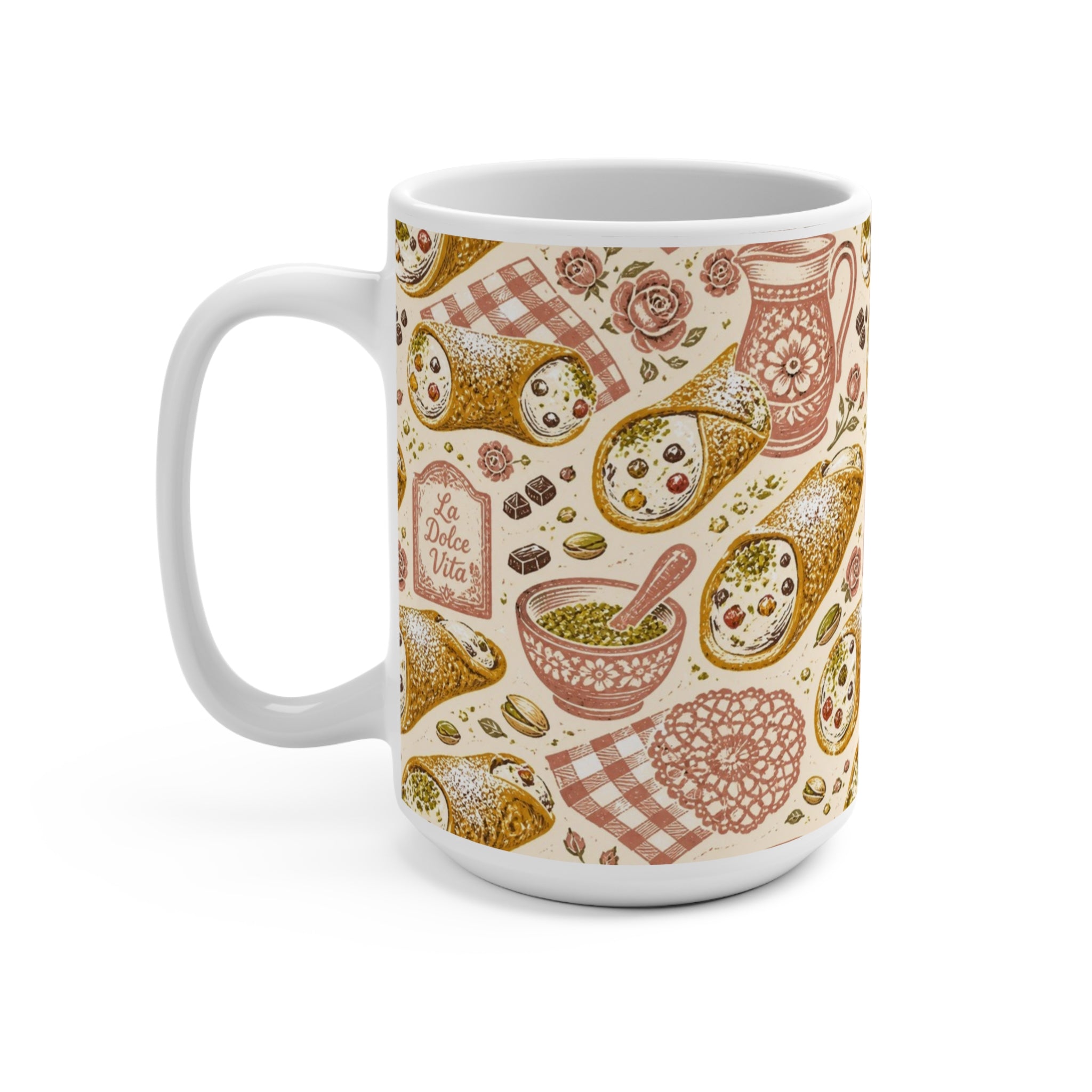 Sicilian Cannoli 15oz Ceramic Mug Mediterranean Kitchen Linocut Design Italian Cottagecore Gift