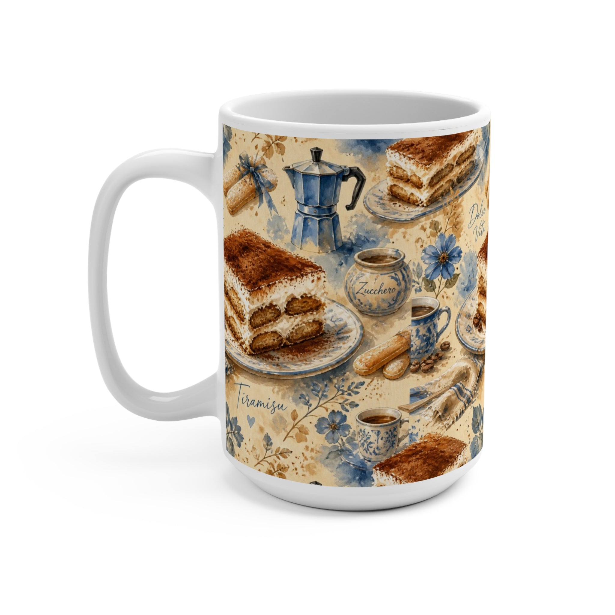 Tiramisu Layers 15oz Ceramic Mug Mediterranean Kitchen Watercolor Splash Design Italian Cottagecore Gift