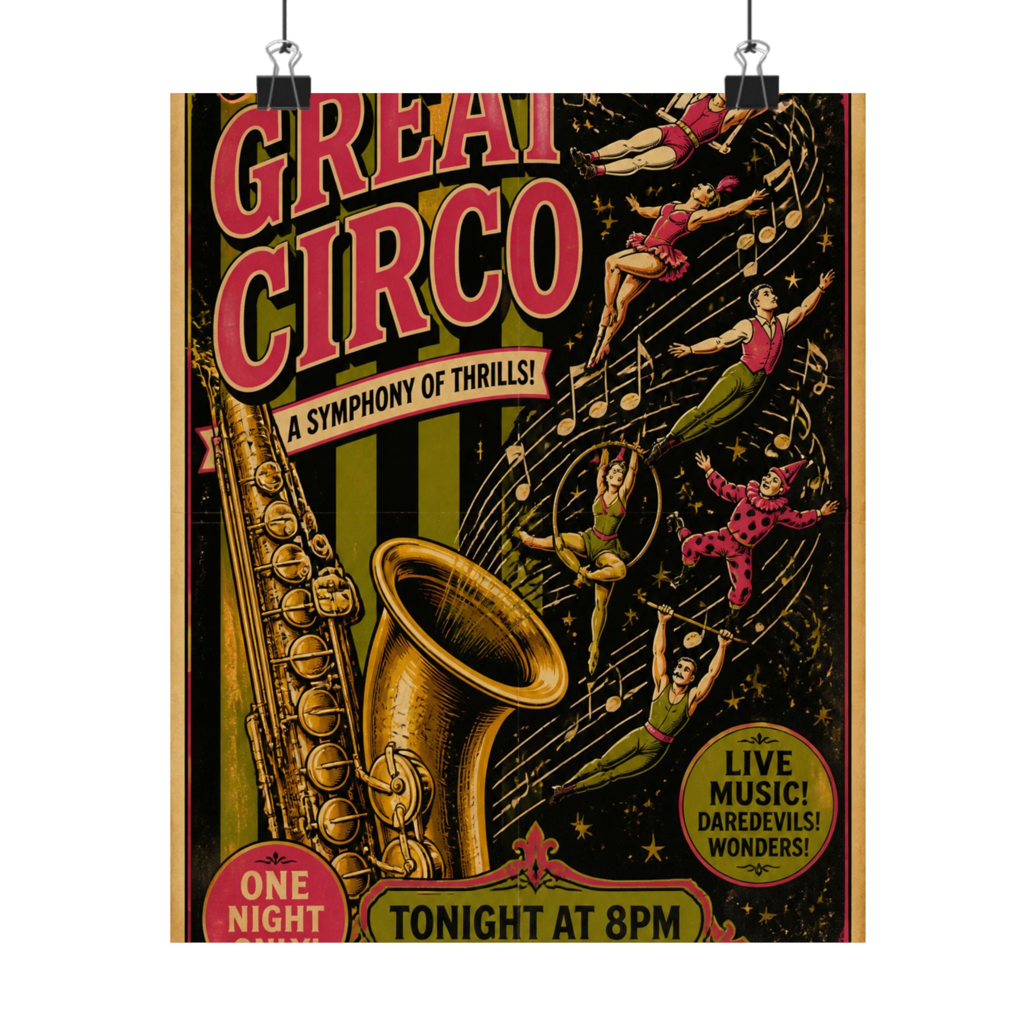 Saxophone Music Circus Wall Art Poster 24×36 Vintage Circus Bedroom Decor Maximalist Print