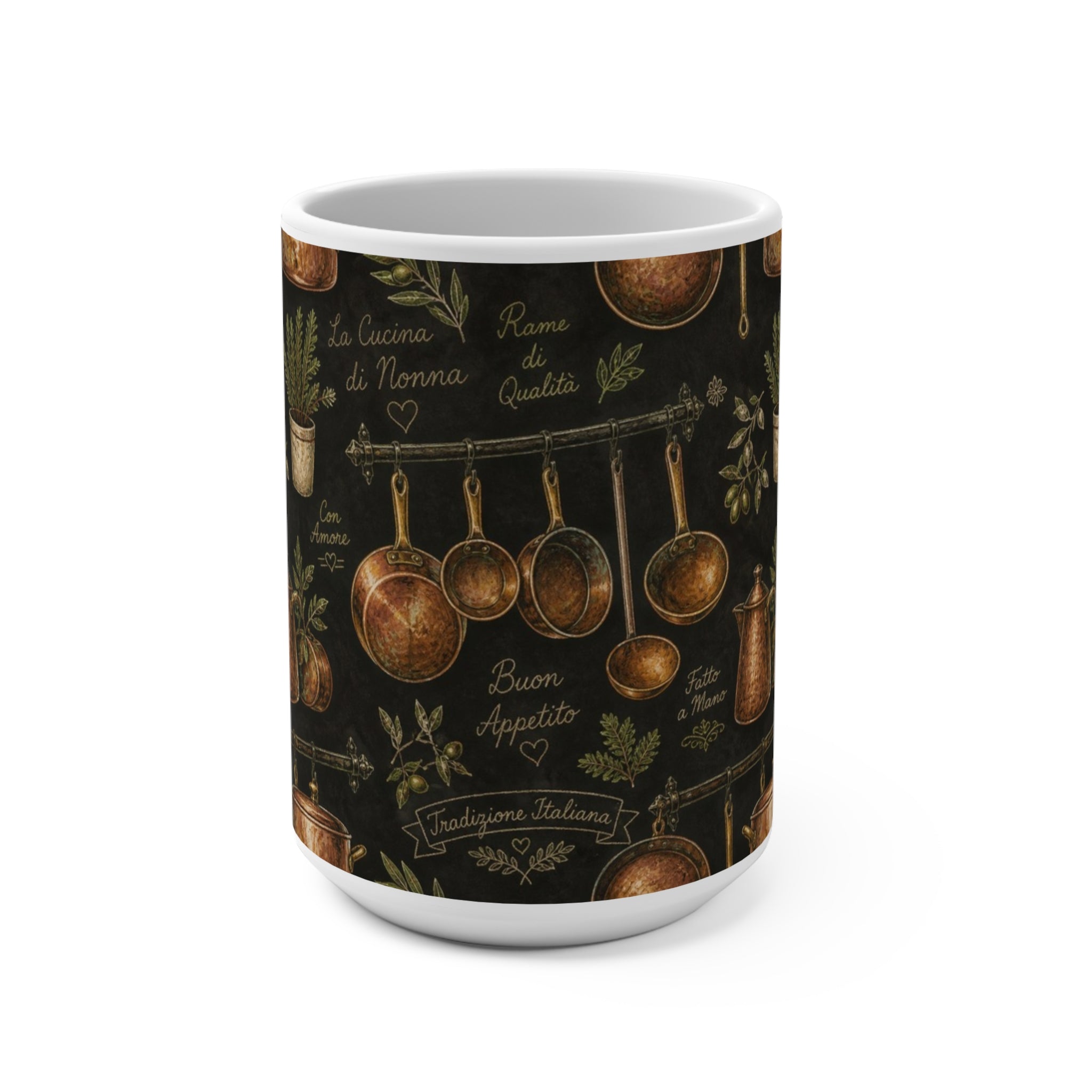 Copper Cookware 15oz Ceramic Mug Mediterranean Kitchen Chalk Art Design Italian Cottagecore Gift