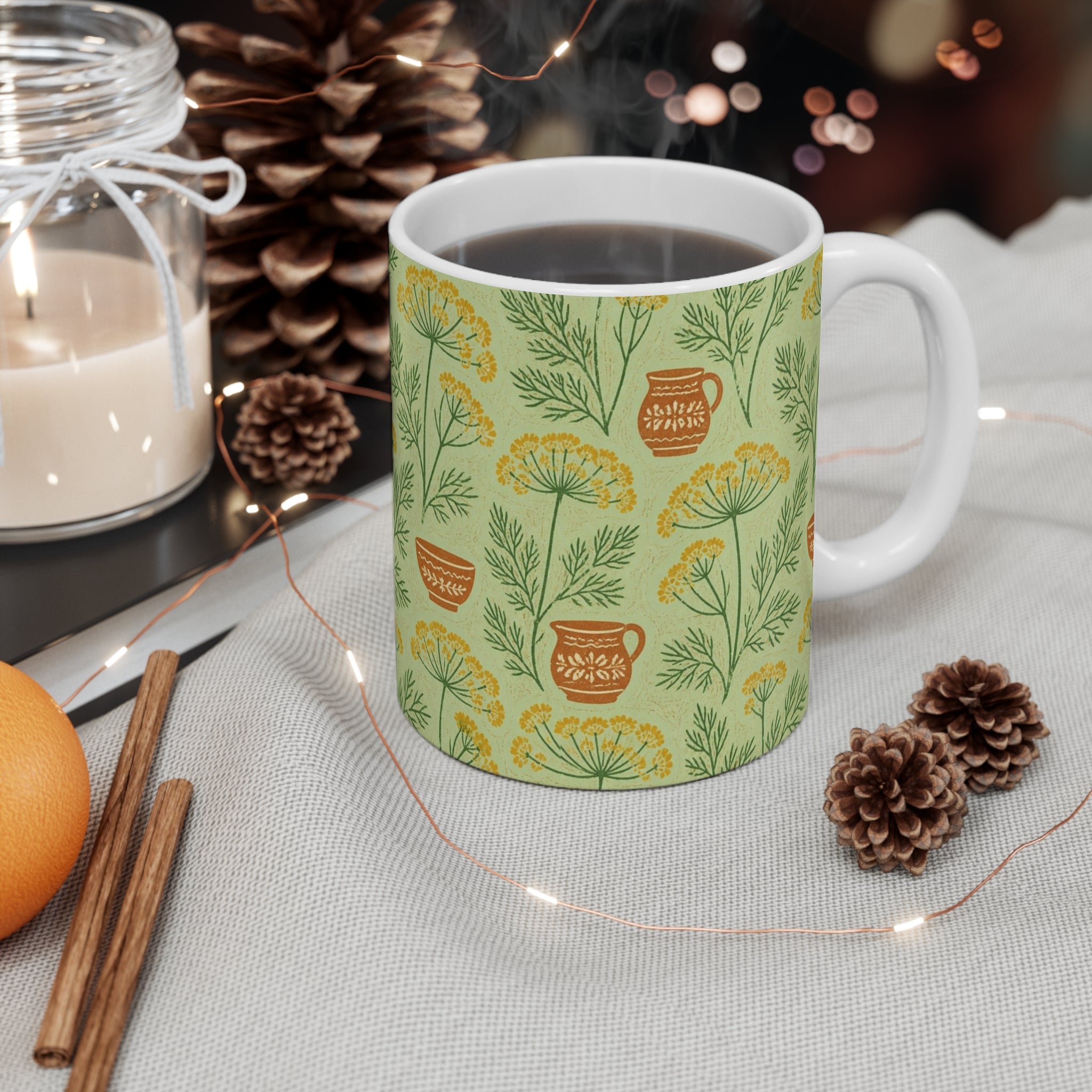 Dill Fronds 11oz Ceramic Mug Mediterranean Kitchen Linocut Design Italian Cottagecore Gift