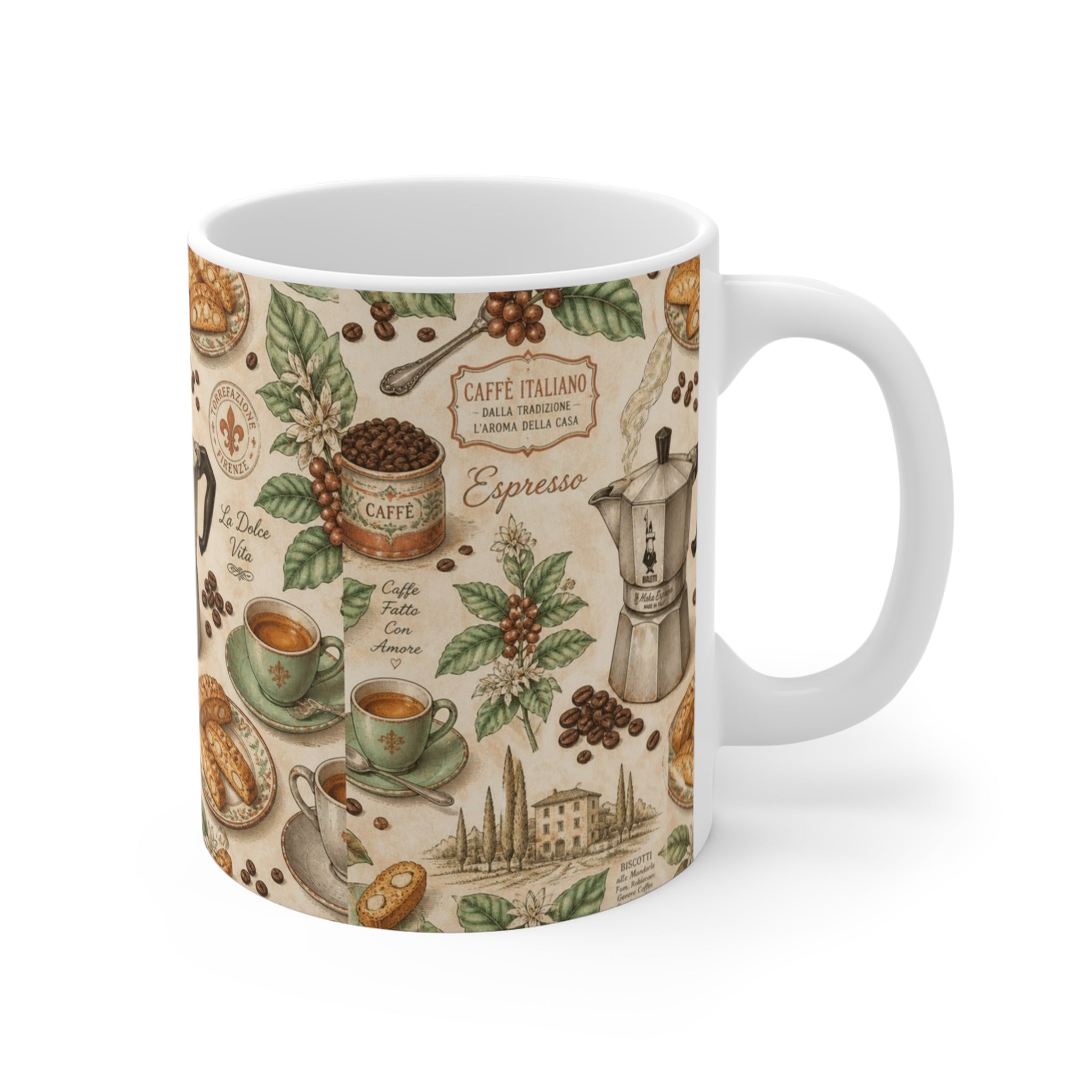 Espresso Moka Pot 11oz Ceramic Mug Mediterranean Kitchen Botanical Design Italian Cottagecore Gift