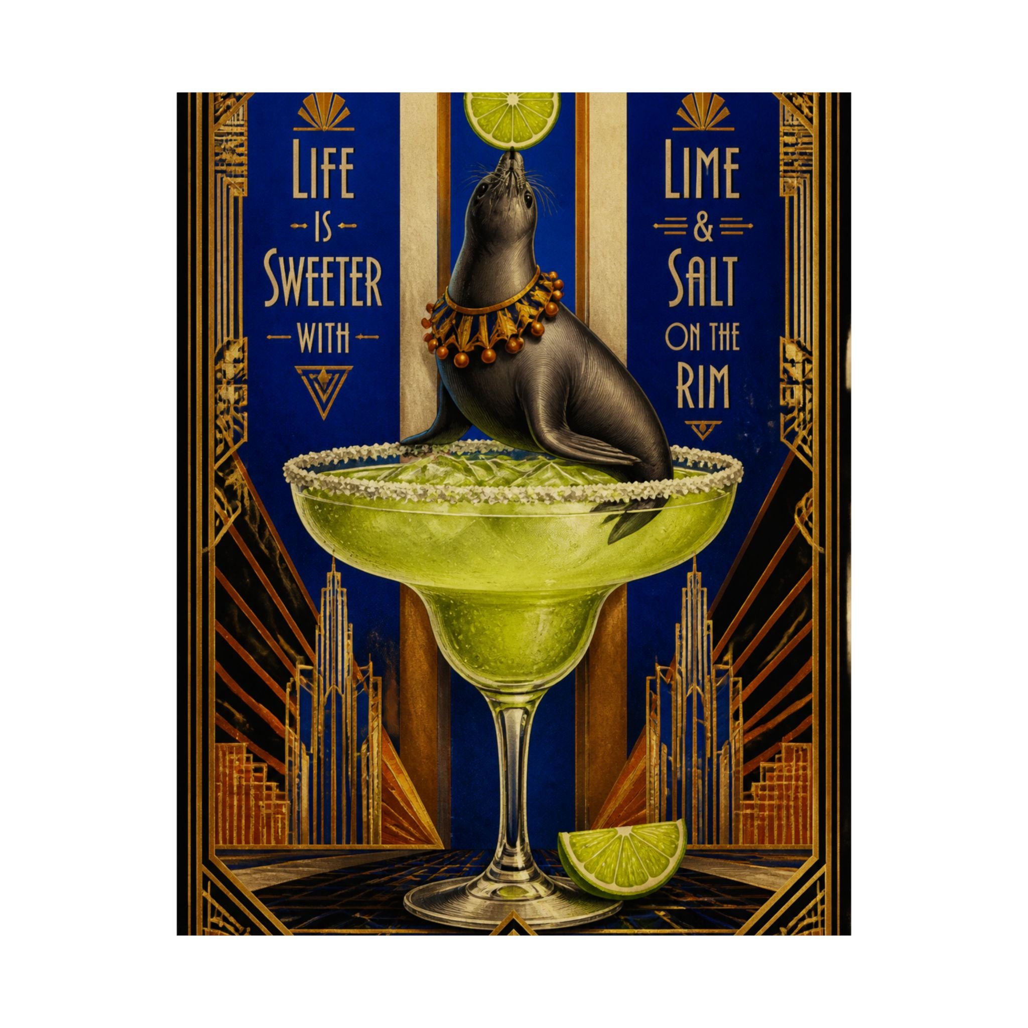 Margarita Balancing Seal Wall Art Poster 24×36 Art Deco Bar Area Decor Maximalist Print