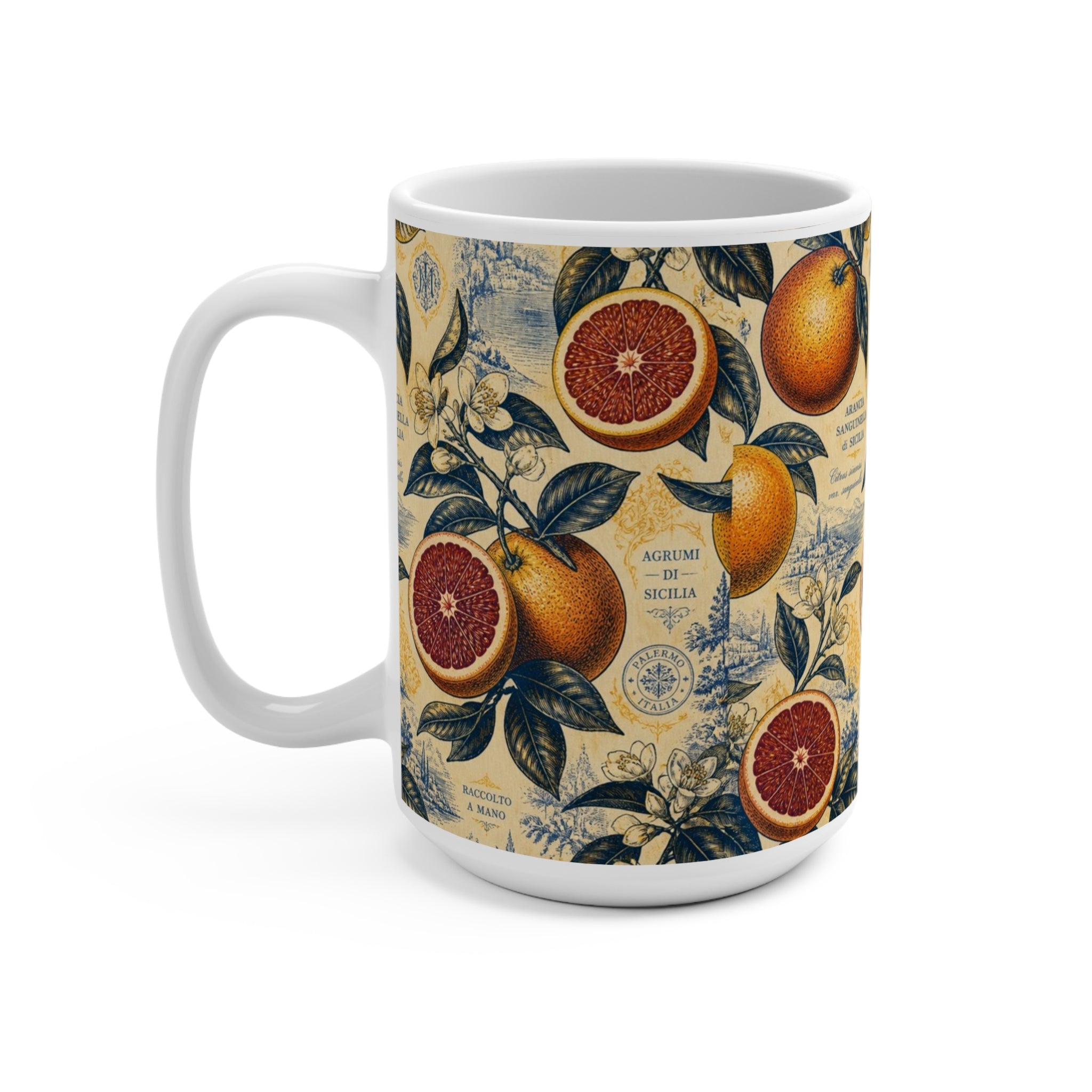 Blood Oranges 15oz Ceramic Mug Mediterranean Kitchen Botanical Design Italian Cottagecore Gift