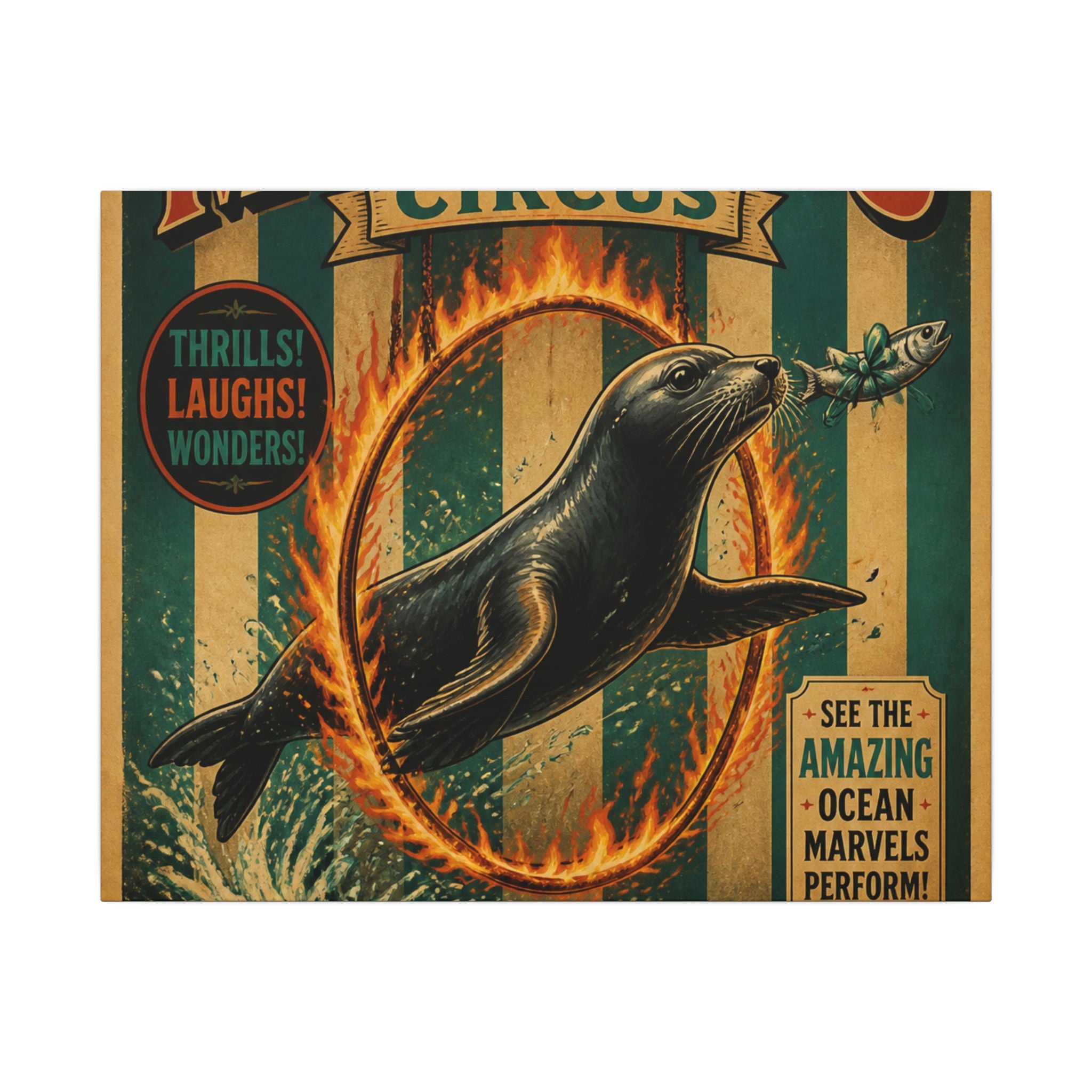 Seal Fire Hoop Wall Art Canvas 24×36 Vintage Circus Bedroom Decor Maximalist Print