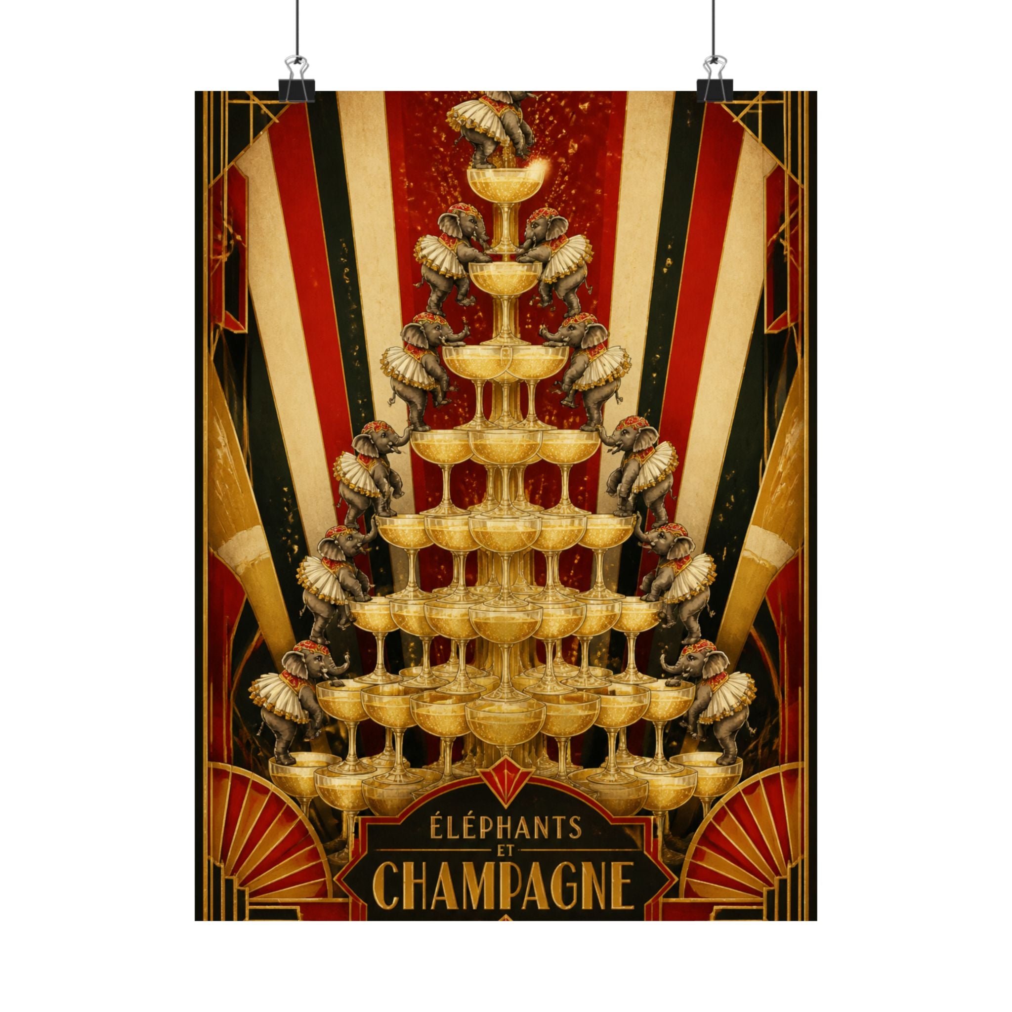 Champagne Tower Elephants Wall Art Poster 24×36 Art Deco Bar Area Decor Maximalist Print