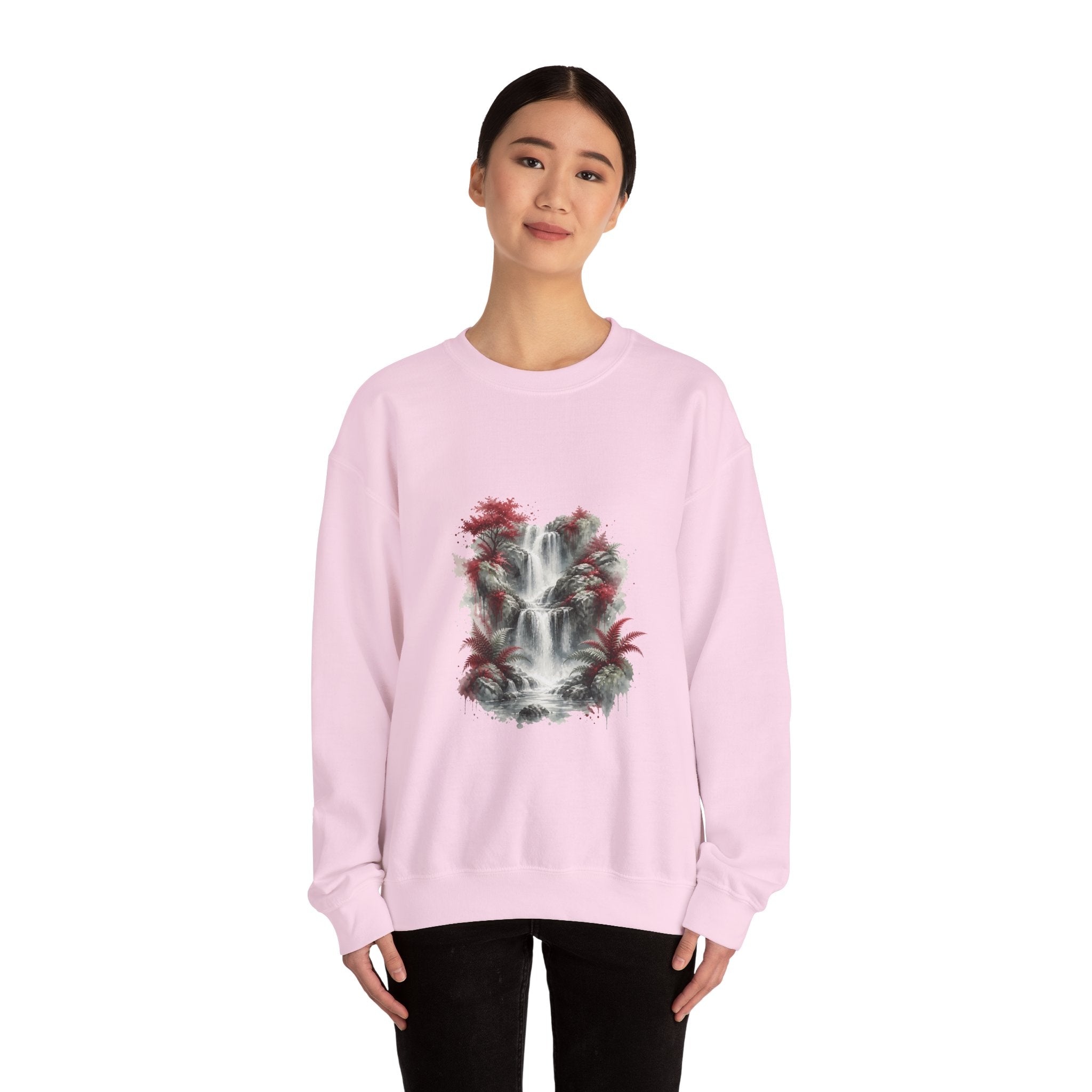 Matching Couple Sweatshirt - Wildfire & Waterfall Matching Couple Crewneck Sweatshirt Watercolor Art His Hers Engagement Gift - Design B