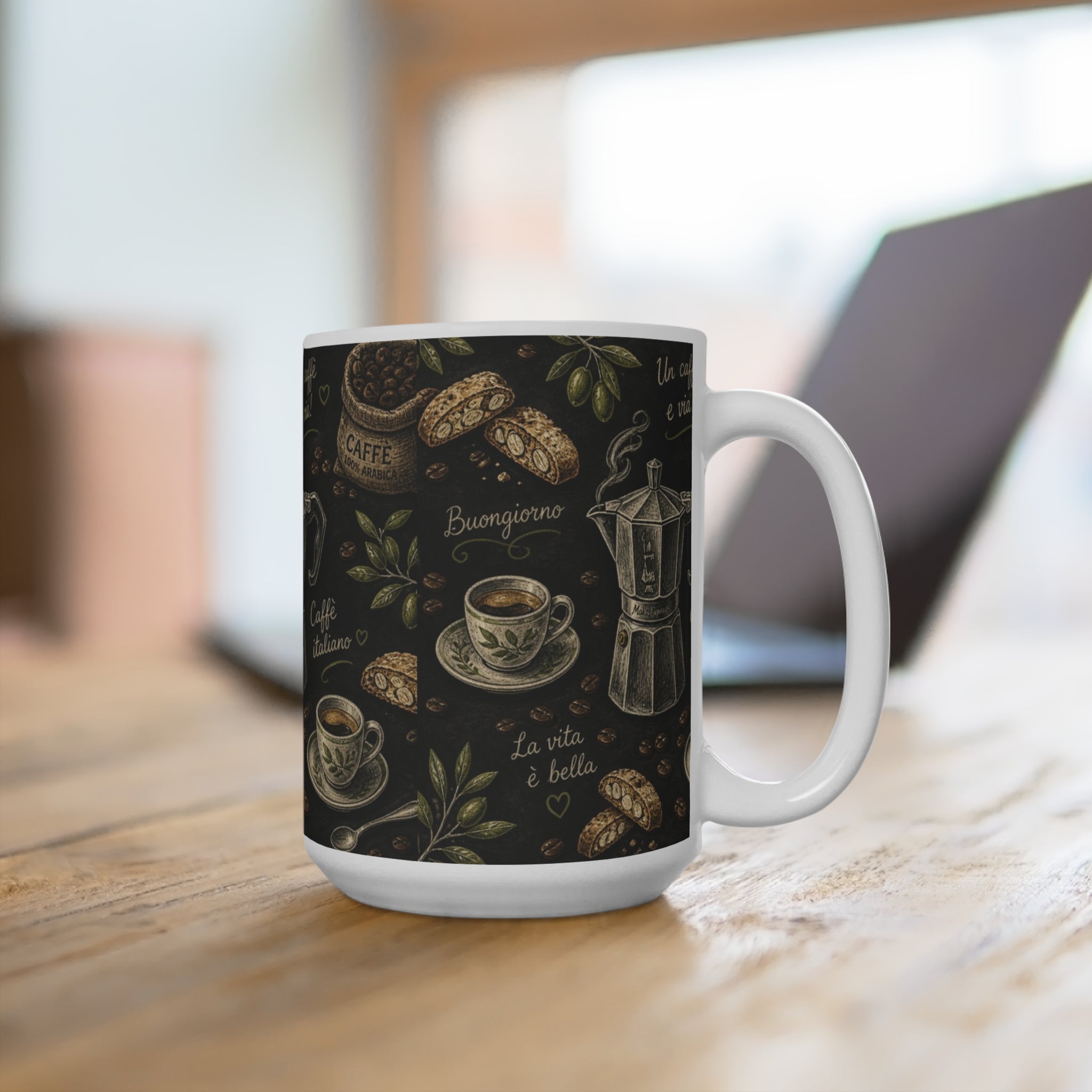 Espresso Moka Pot 15oz Ceramic Mug Mediterranean Kitchen Chalk Art Design Italian Cottagecore Gift
