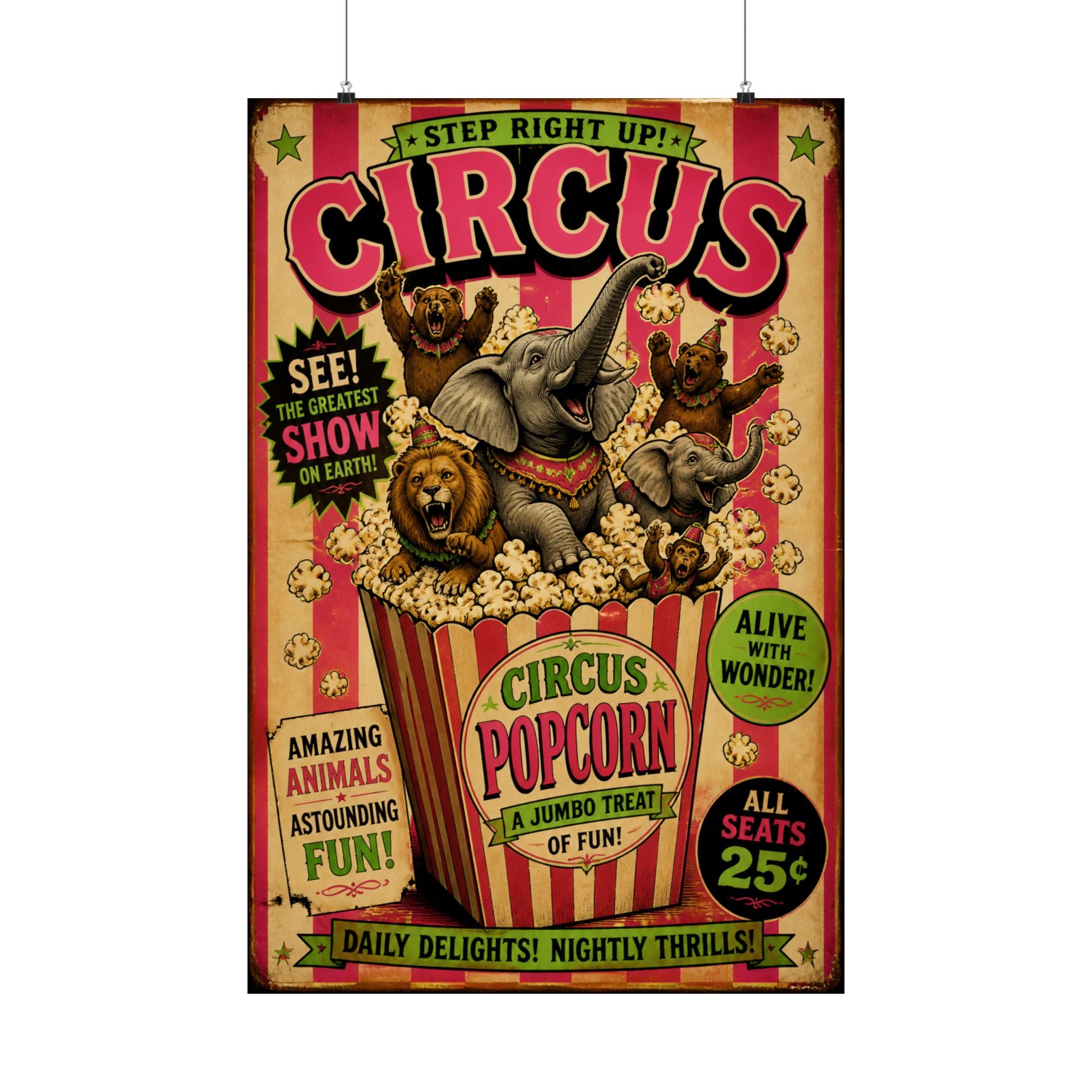 Popcorn Box Animals Wall Art Poster 18×24 Vintage Circus Kitchen Decor Maximalist Print