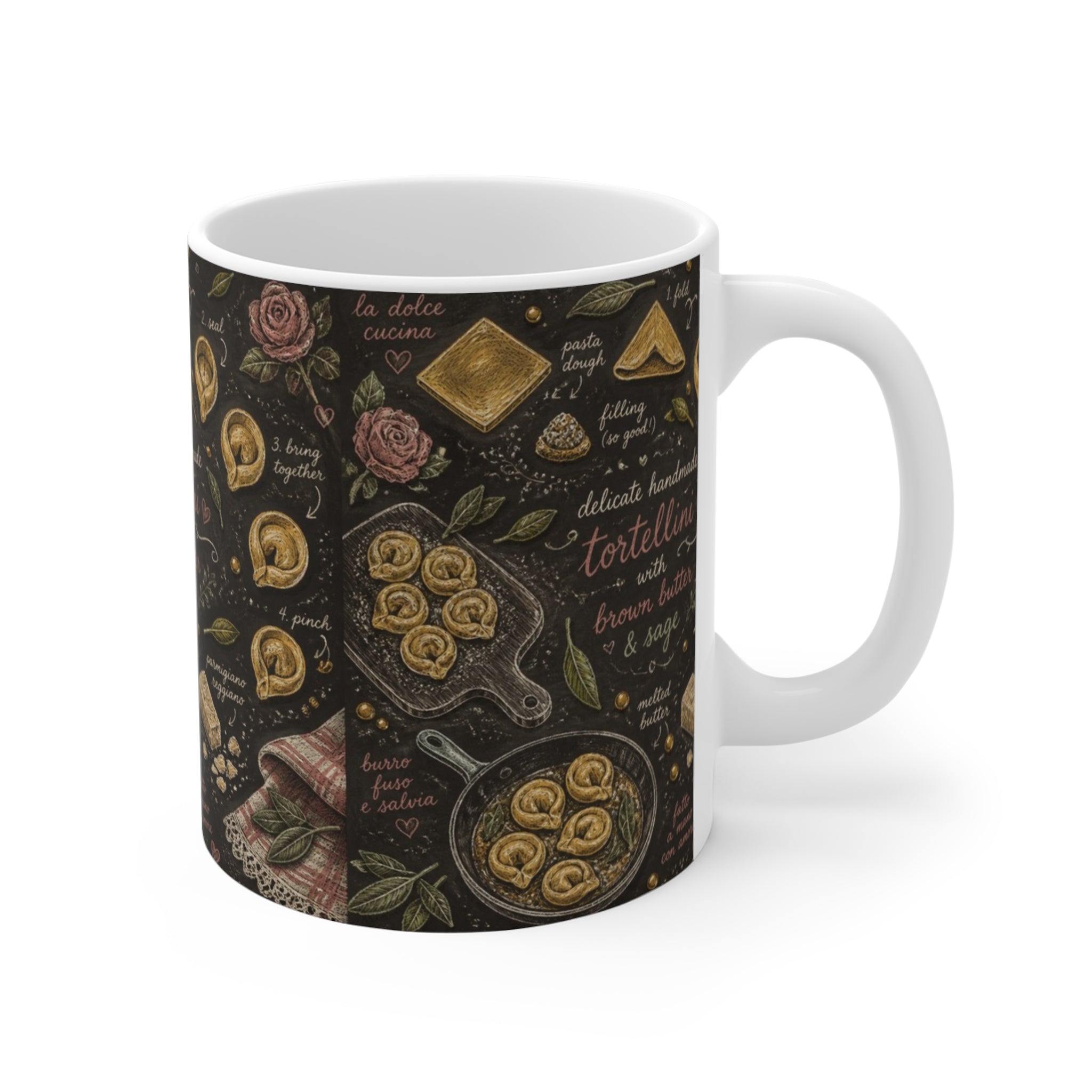 Tortellini with Sage 11oz Ceramic Mug Mediterranean Kitchen Chalk Art Design Italian Cottagecore Gift