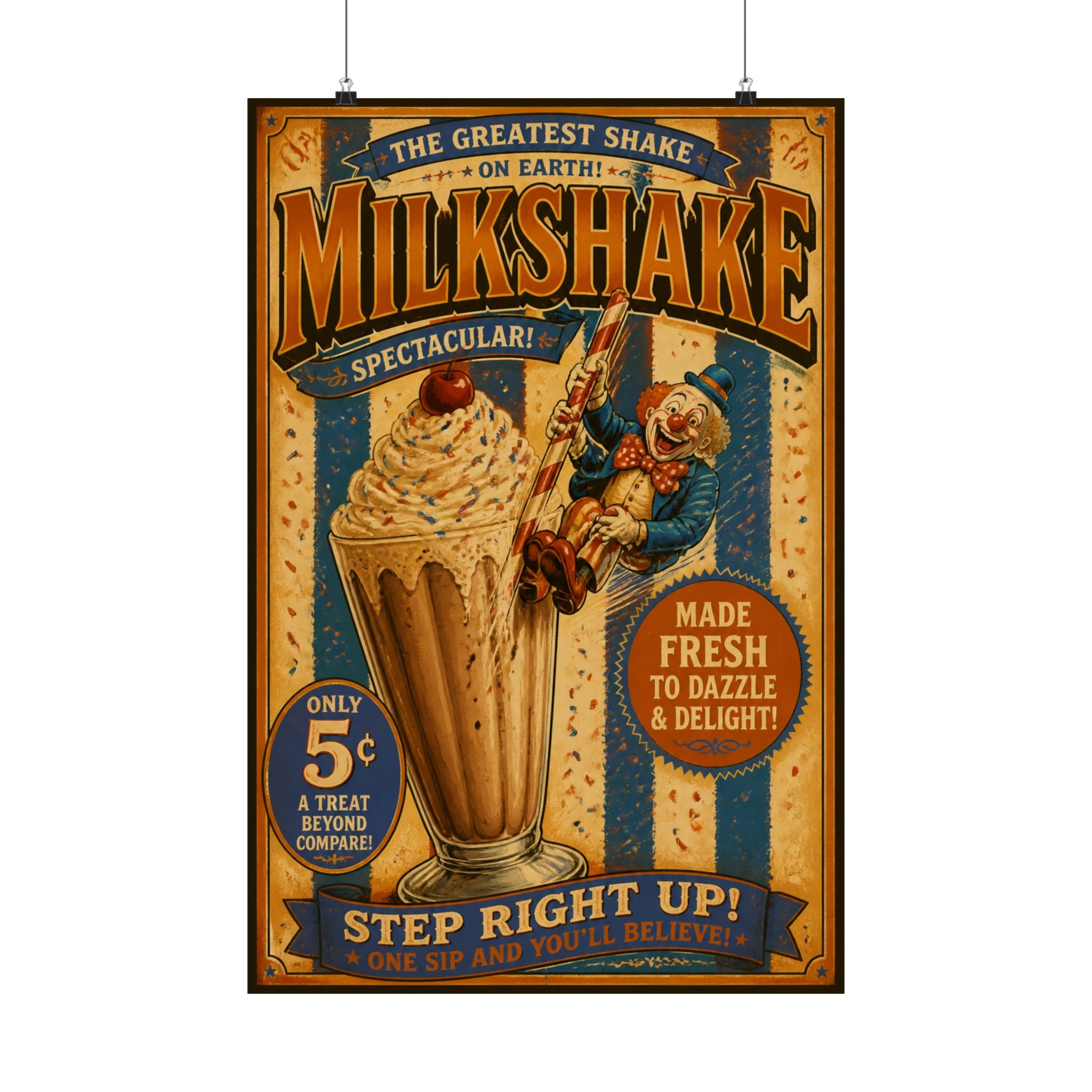 Milkshake Slide Clown Wall Art Poster 24×36 Vintage Circus Bedroom Decor Maximalist Print