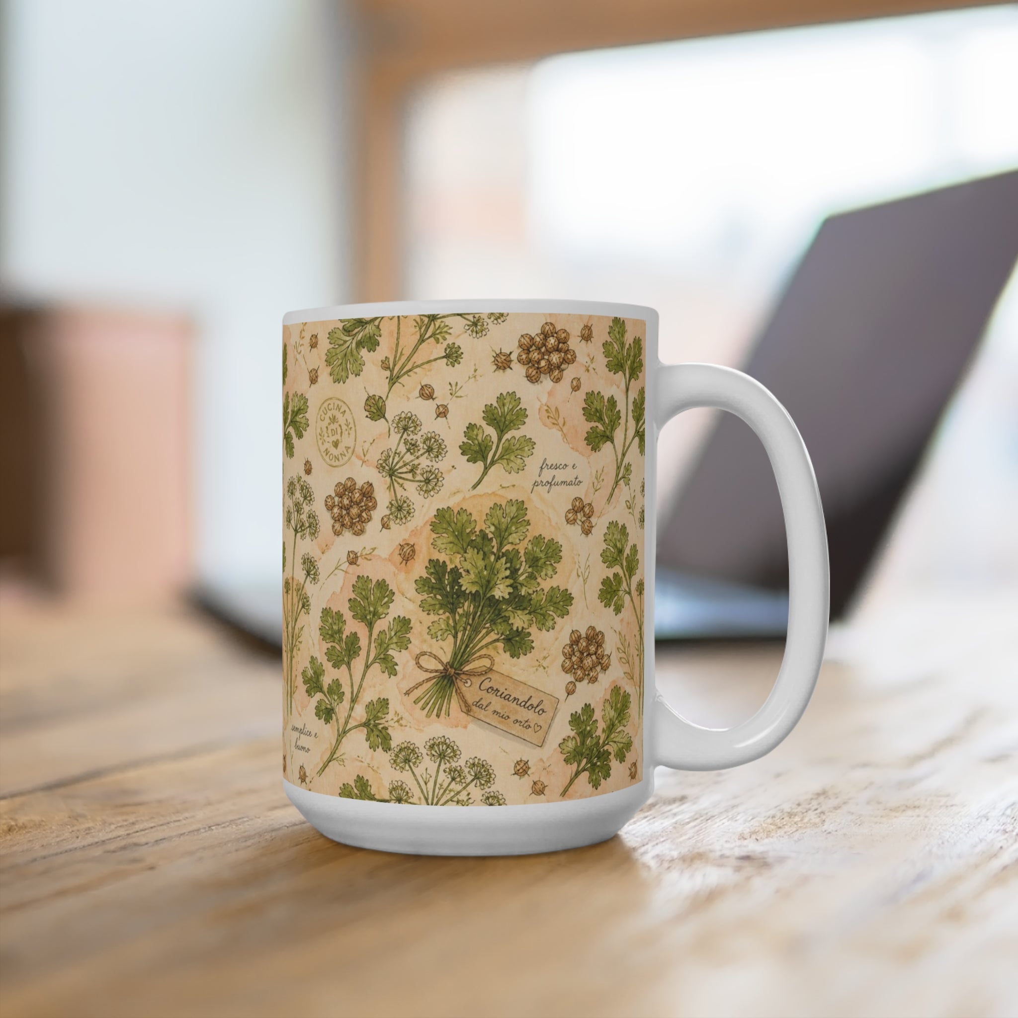 Coriander & Seeds 15oz Ceramic Mug Mediterranean Kitchen Watercolor Design Italian Cottagecore Gift