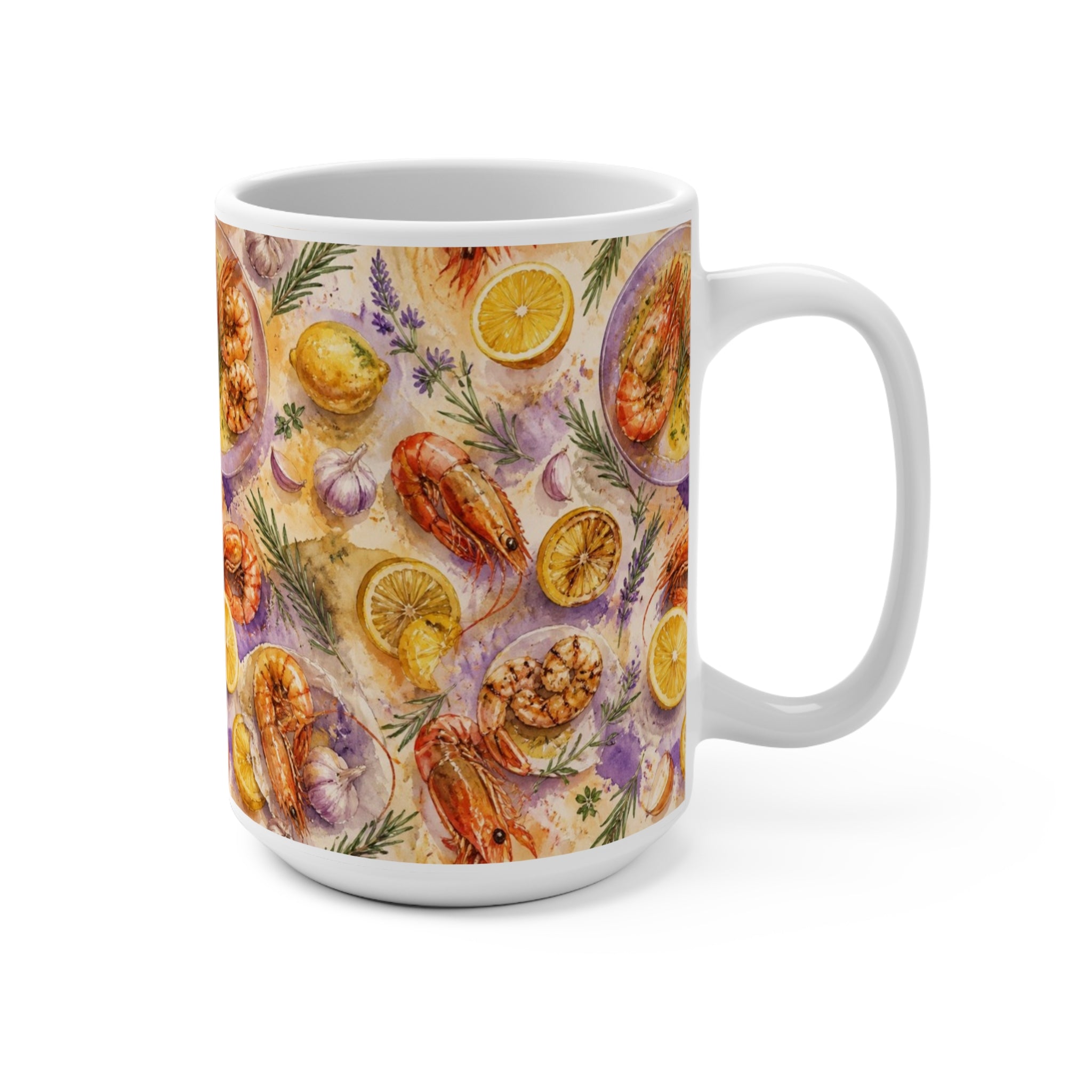 Mediterranean Shrimp 15oz Ceramic Mug Mediterranean Kitchen Watercolor Splash Design Italian Cottagecore Gift