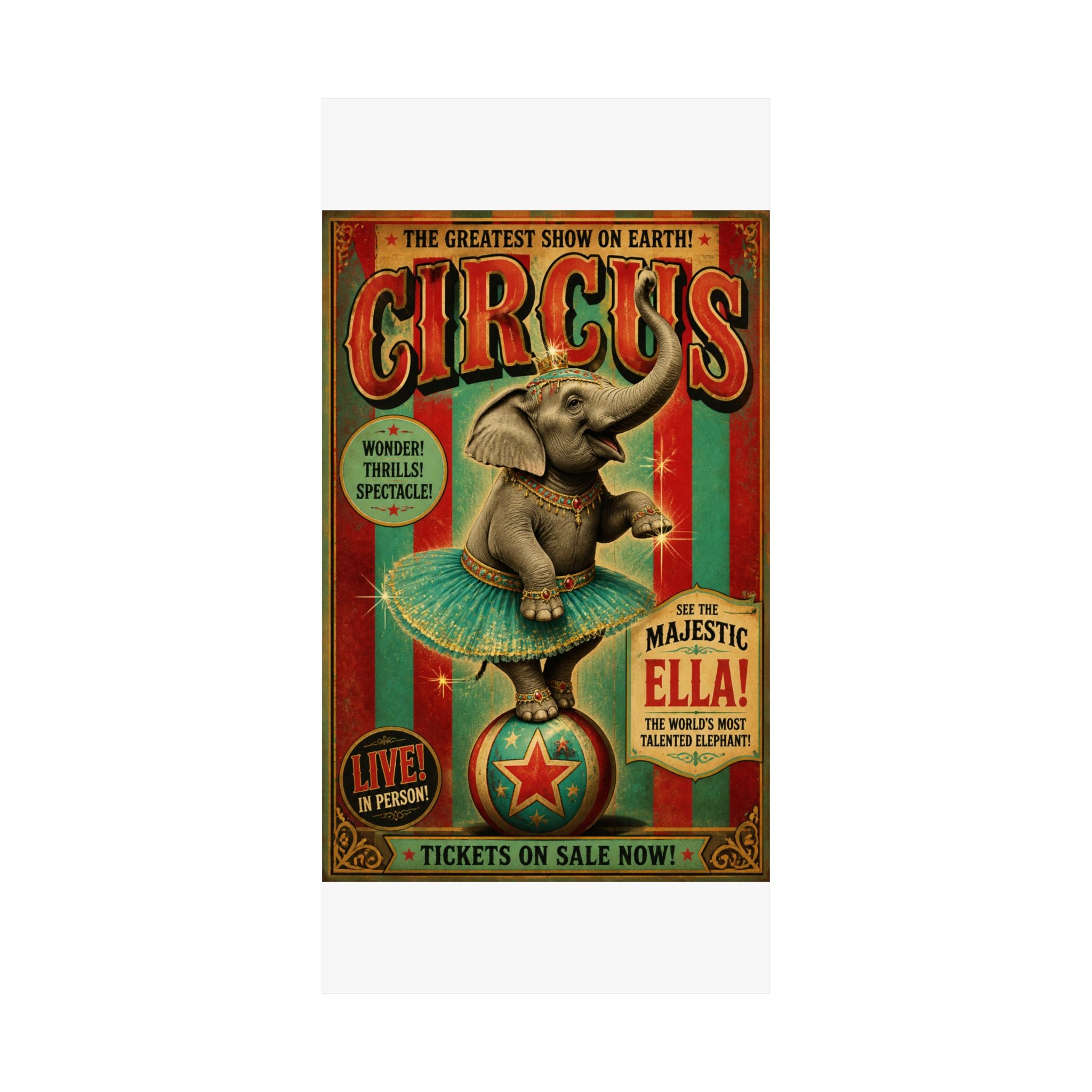 Elephant on Ball Wall Art Poster 24×36 Vintage Circus Bedroom Decor Maximalist Print