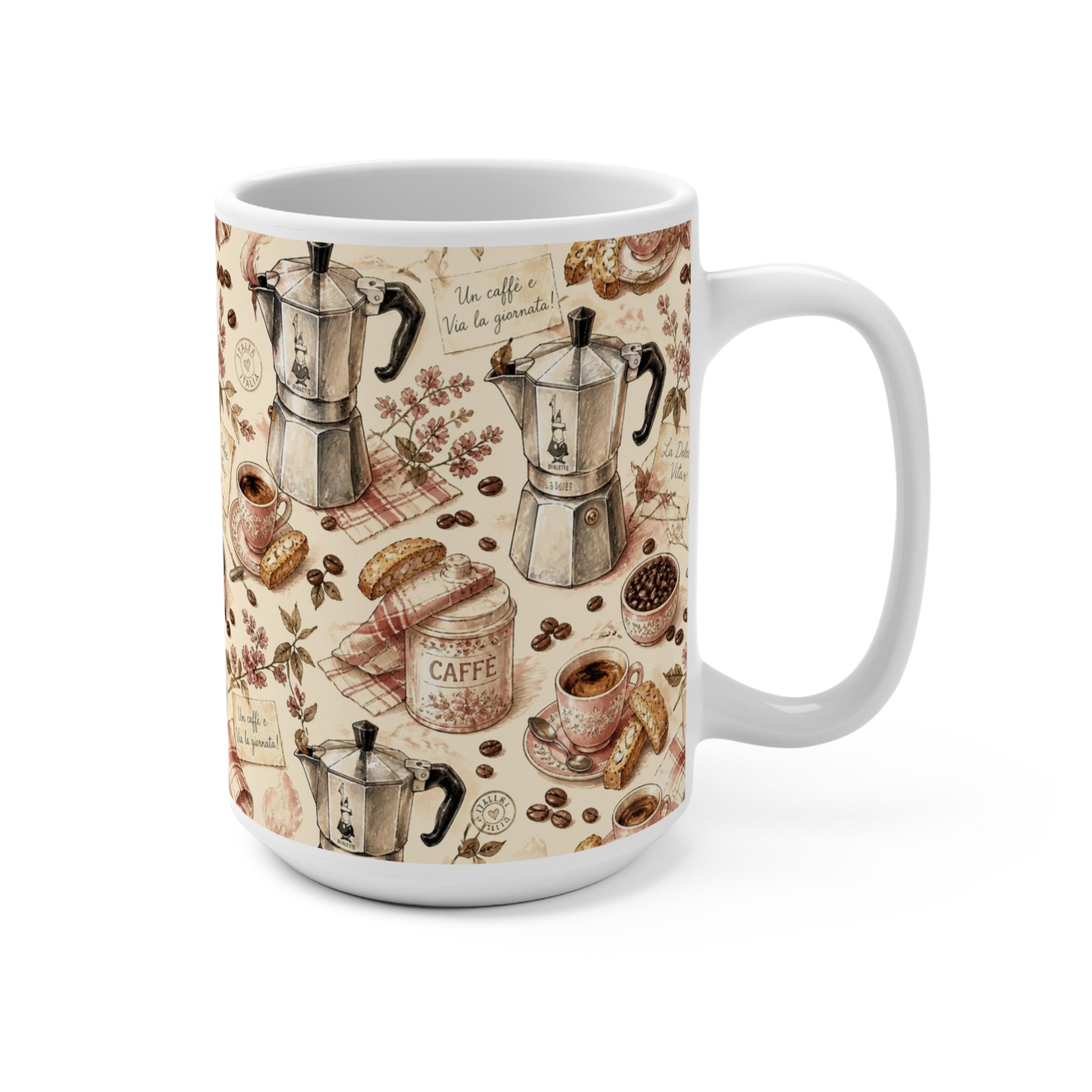 Espresso Moka Pot 15oz Ceramic Mug Mediterranean Kitchen Watercolor Design Italian Cottagecore Gift