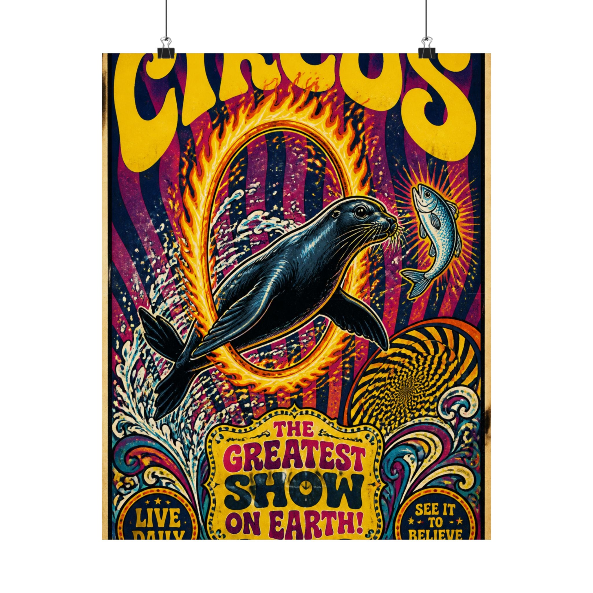Seal Fire Hoop Wall Art Poster 18×24 Psychedelic Cafe Decor Maximalist Print