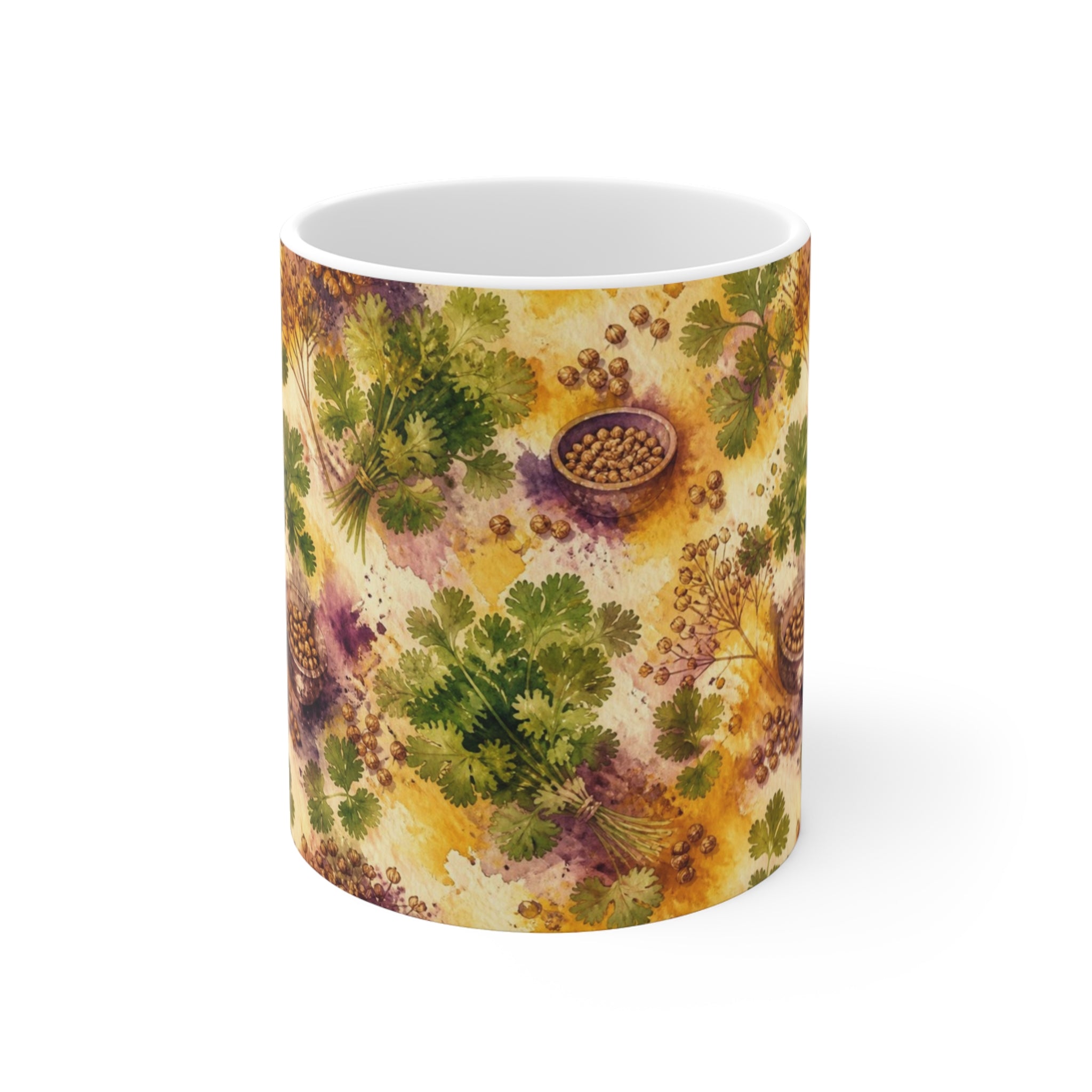Coriander & Seeds 11oz Ceramic Mug Mediterranean Kitchen Watercolor Splash Design Italian Cottagecore Gift