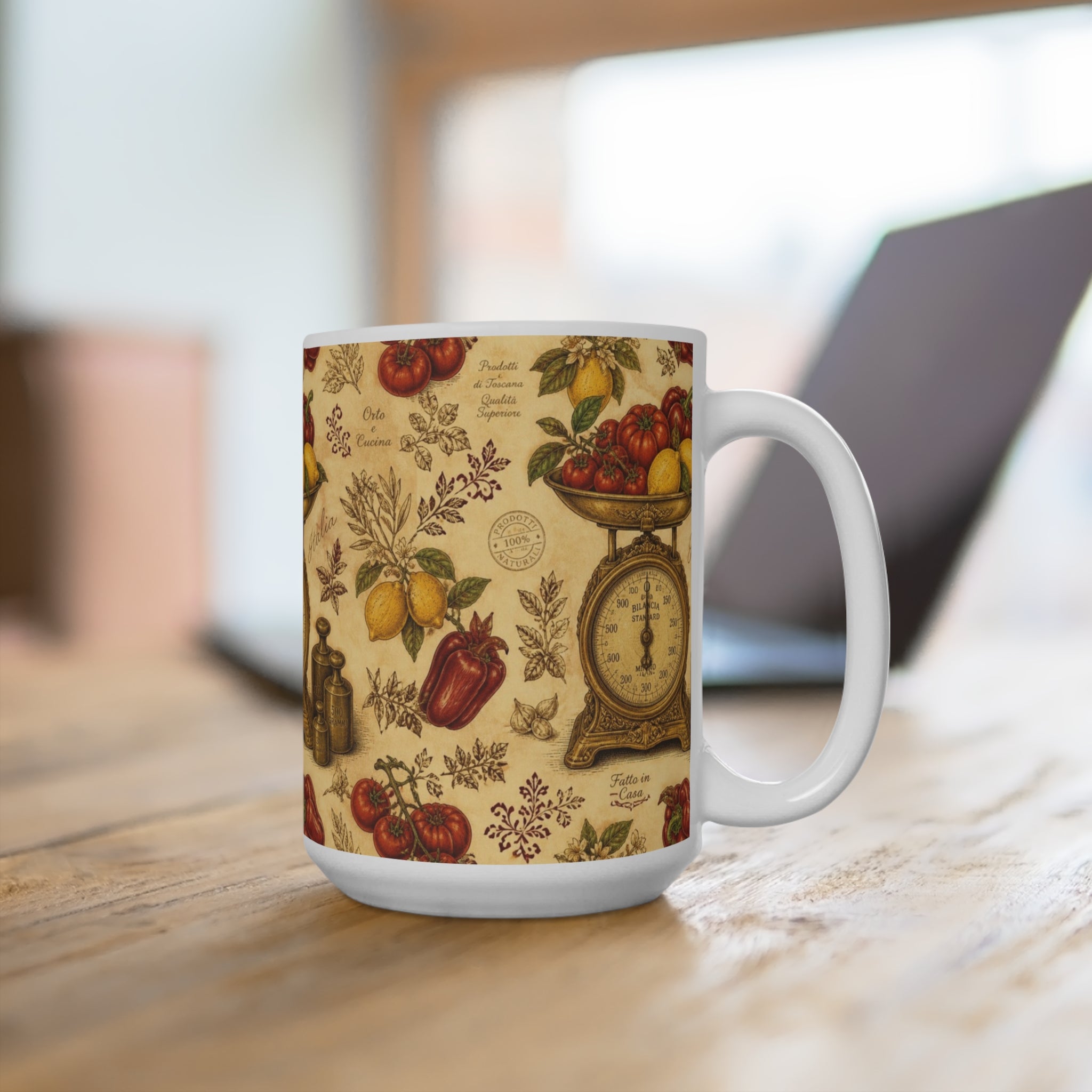 Vintage Kitchen Scale 15oz Ceramic Mug Mediterranean Kitchen Botanical Design Italian Cottagecore Gift