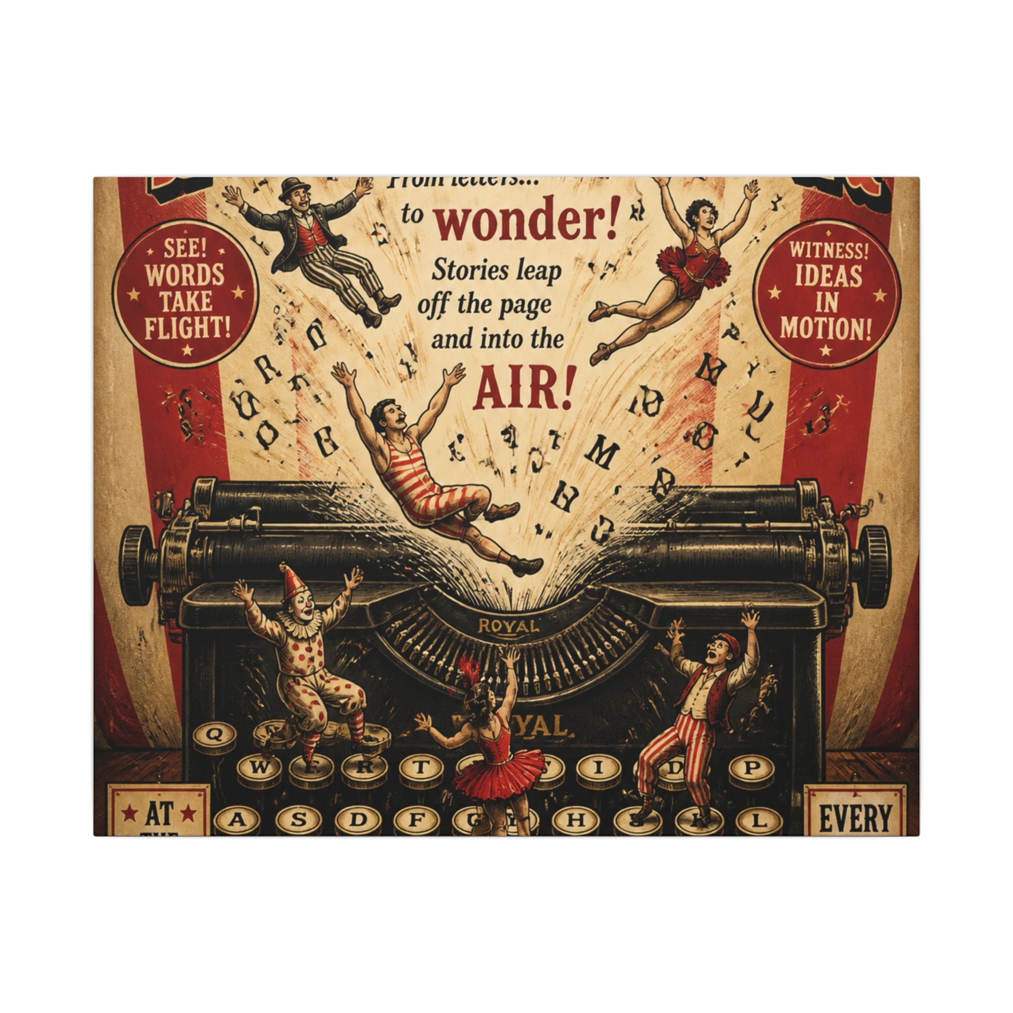 Typewriter Flying Letters Wall Art Canvas 24×36 Vintage Circus Bedroom Decor Maximalist Print