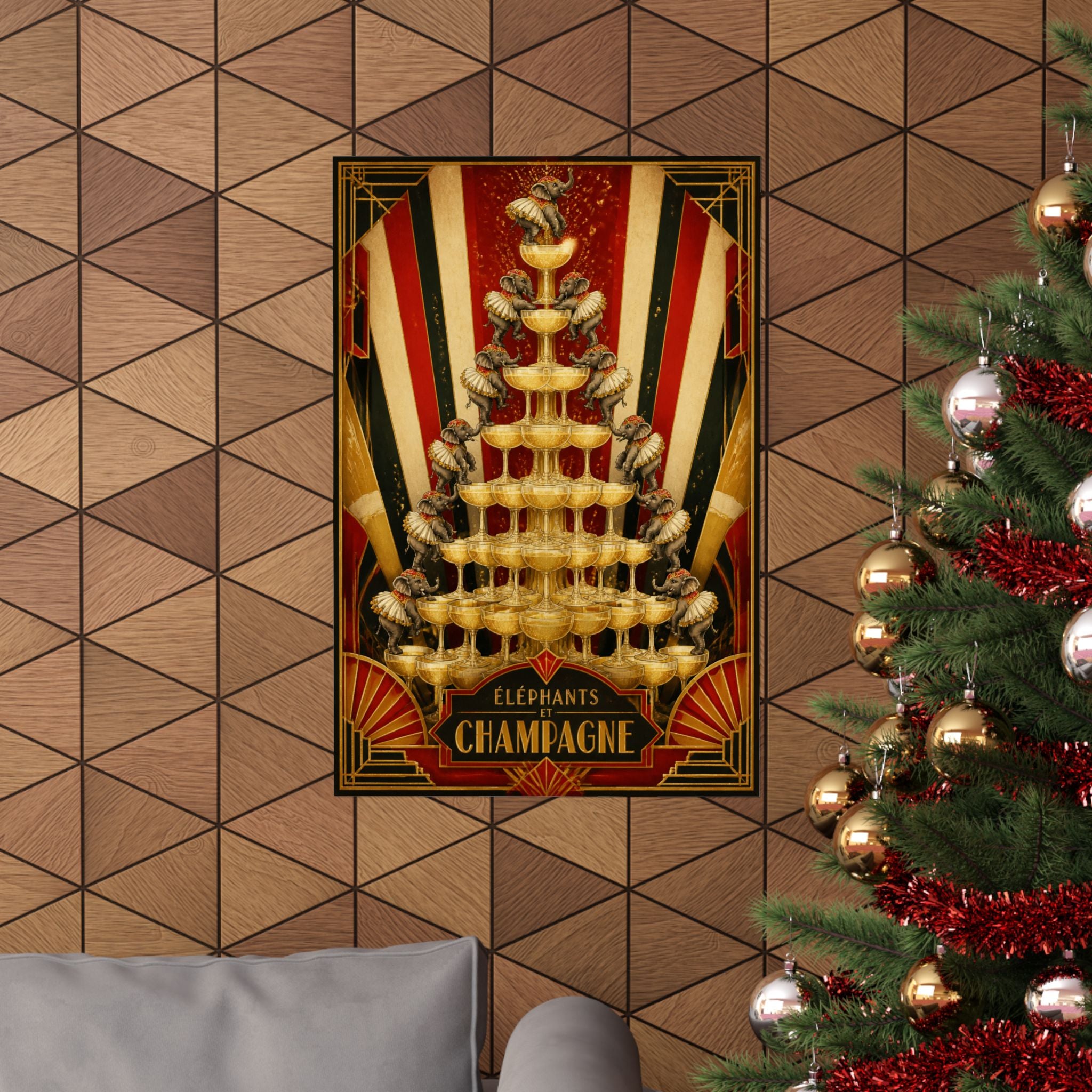 Champagne Tower Elephants Wall Art Poster 24×36 Art Deco Bar Area Decor Maximalist Print