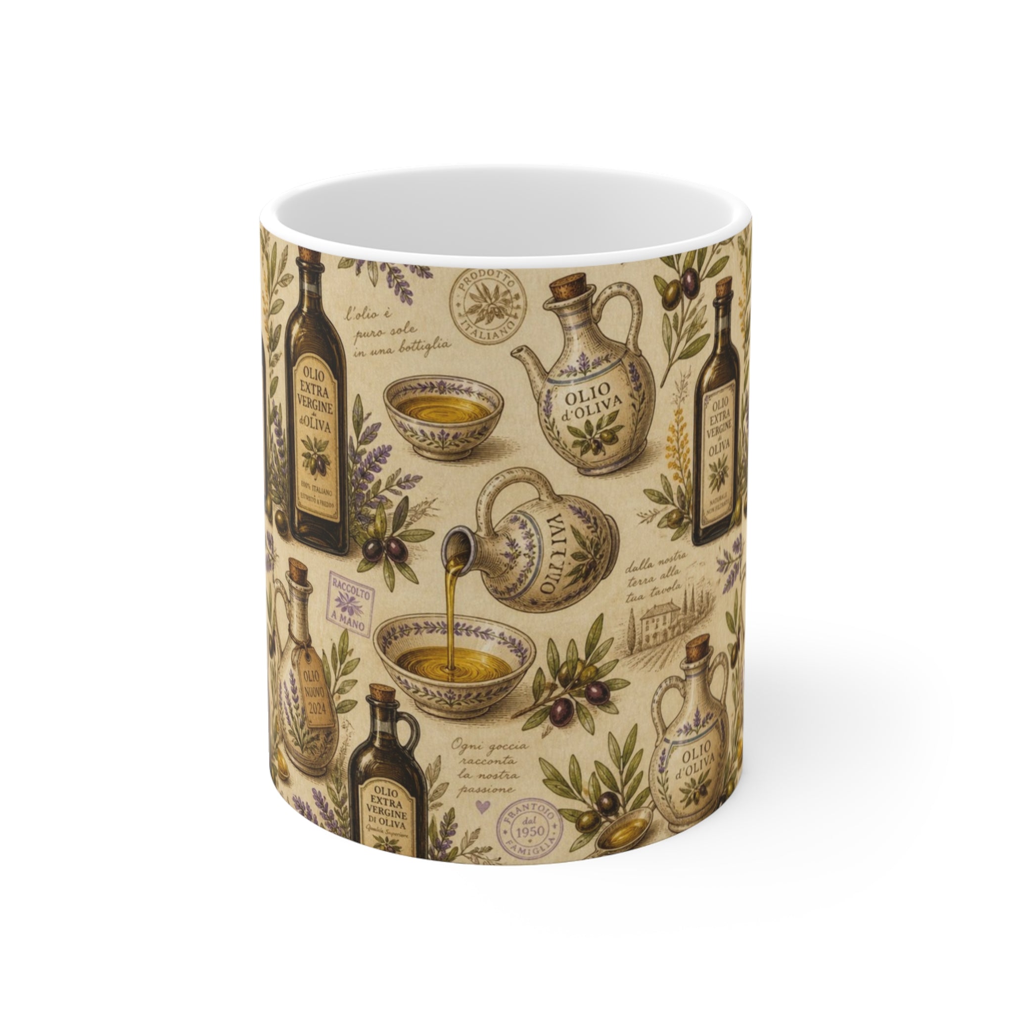 Olive Oil Bottles 11oz Ceramic Mug Mediterranean Kitchen Botanical Design Italian Cottagecore Gift