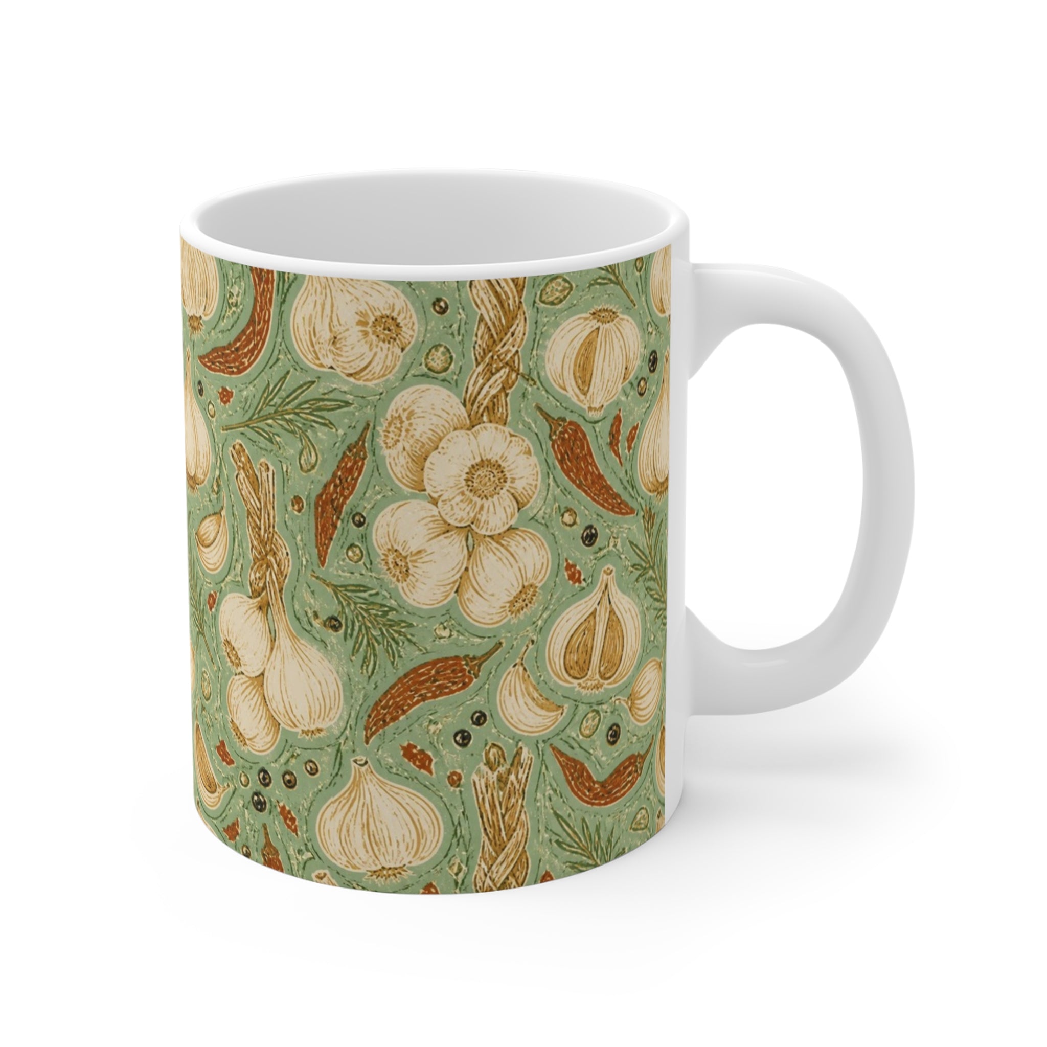 Garlic Bulbs & Cloves 11oz Ceramic Mug Mediterranean Kitchen Linocut Design Italian Cottagecore Gift