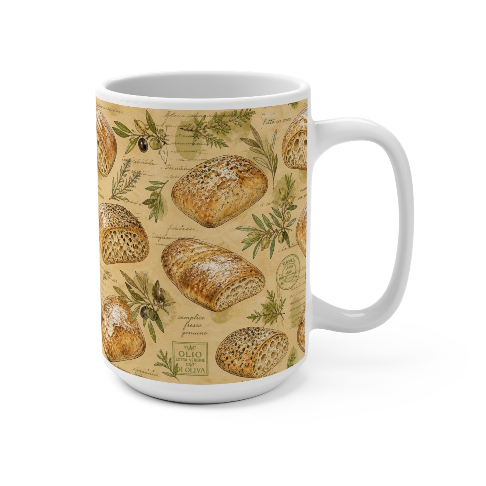 Ciabatta Rolls 15oz Ceramic Mug Mediterranean Kitchen Watercolor Design Italian Cottagecore Gift