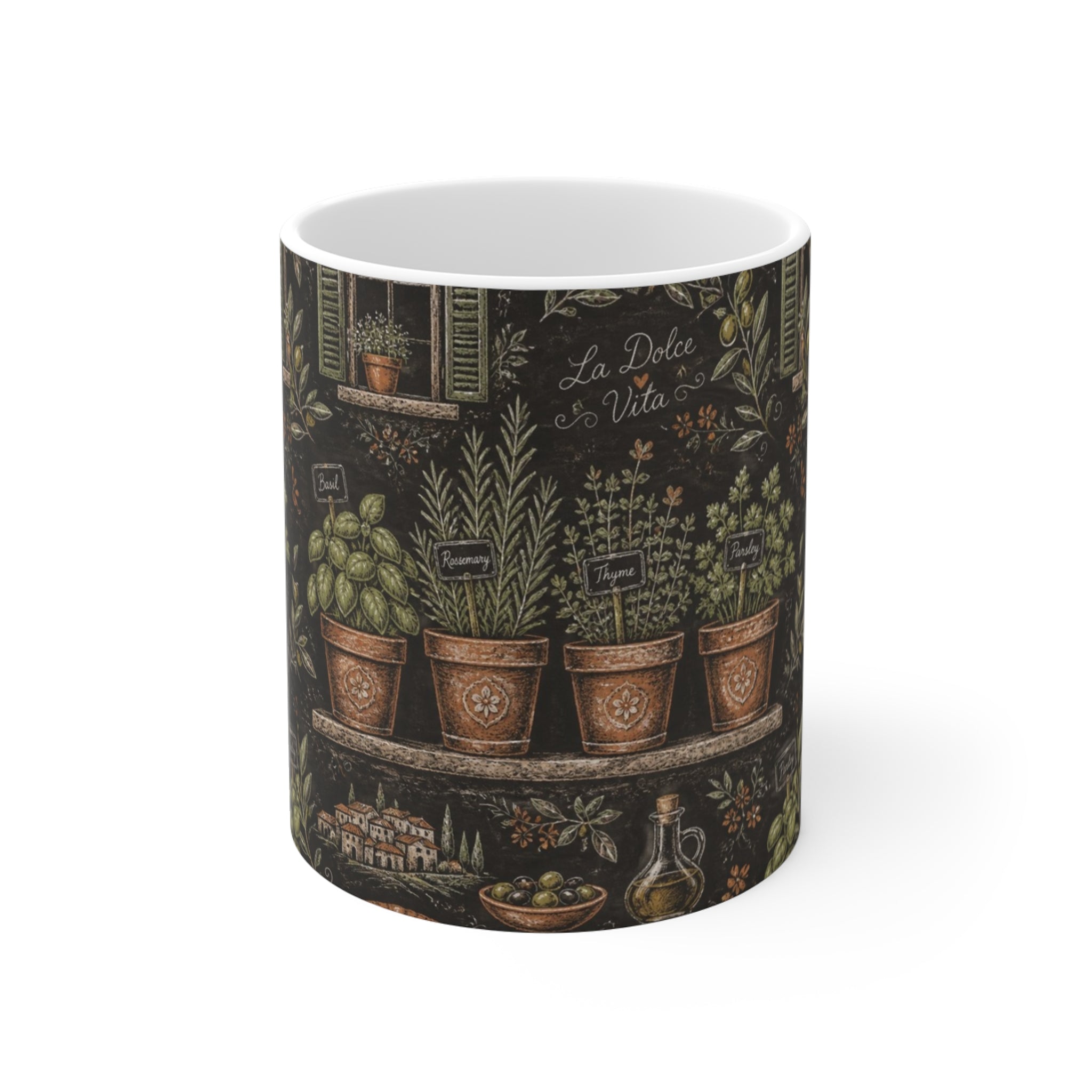 Terracotta Herb Pots 11oz Ceramic Mug Mediterranean Kitchen Chalk Art Design Italian Cottagecore Gift