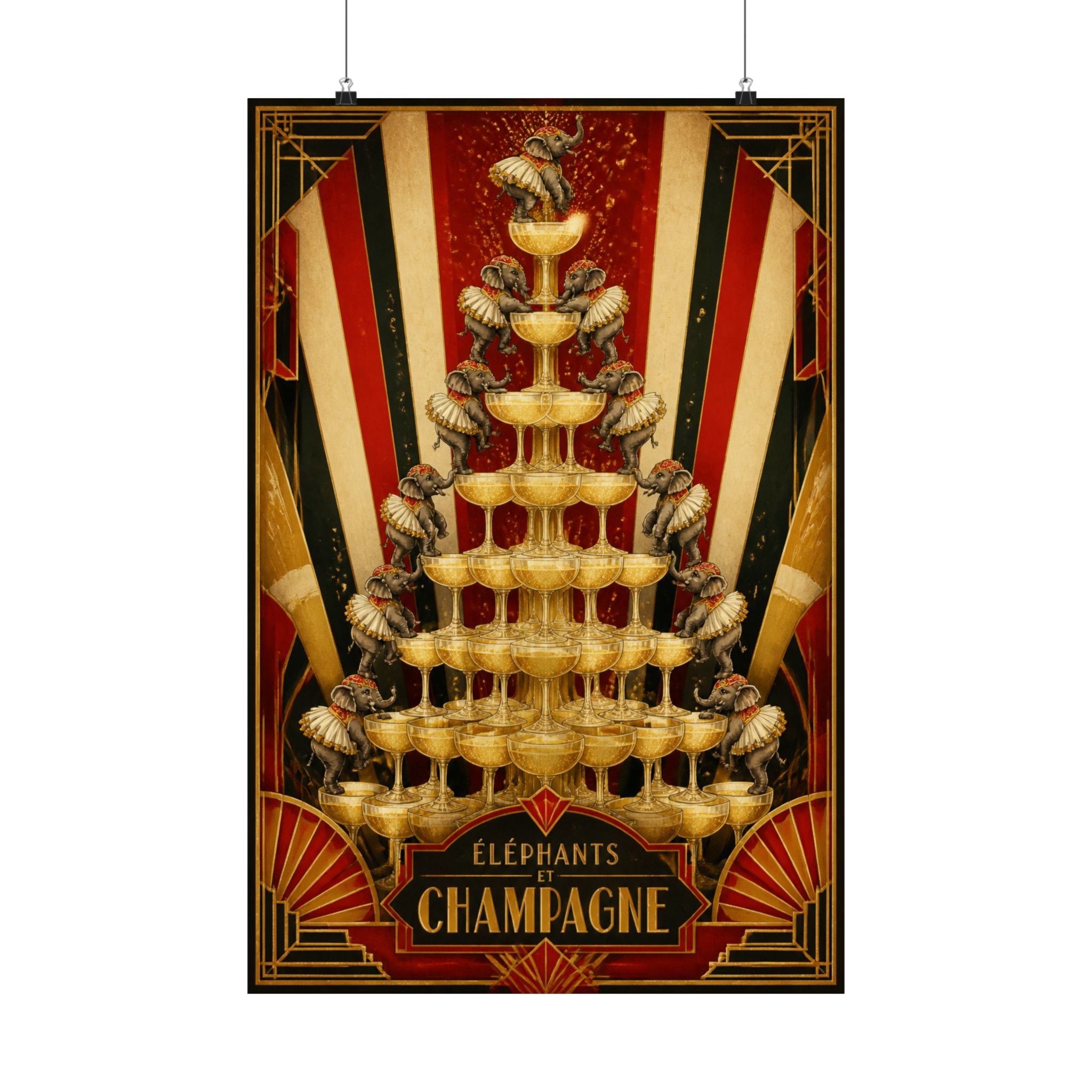 Champagne Tower Elephants Wall Art Poster 24×36 Art Deco Bar Area Decor Maximalist Print