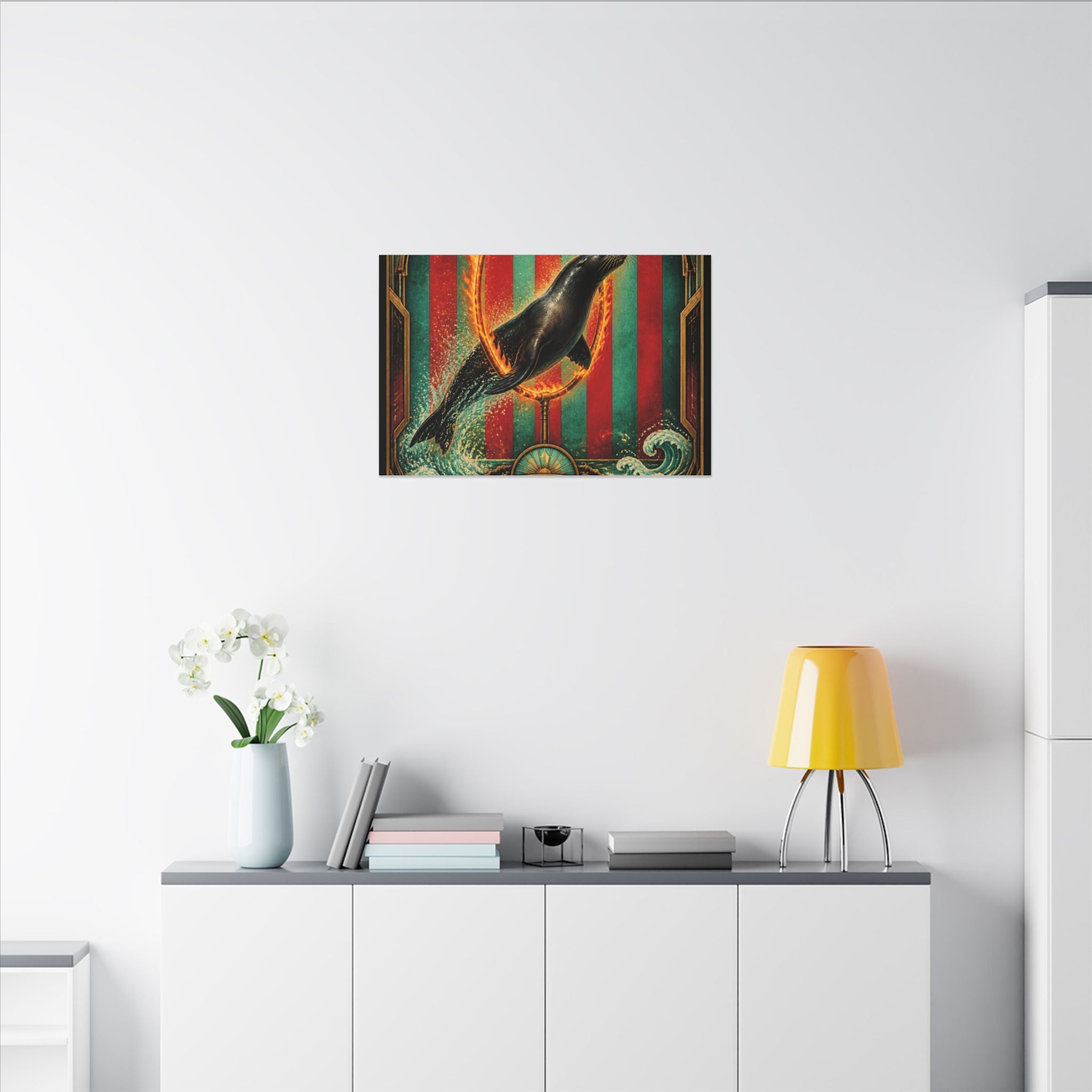 Seal Fire Hoop Wall Art Canvas 24×36 Art Deco Bar Area Decor Maximalist Print
