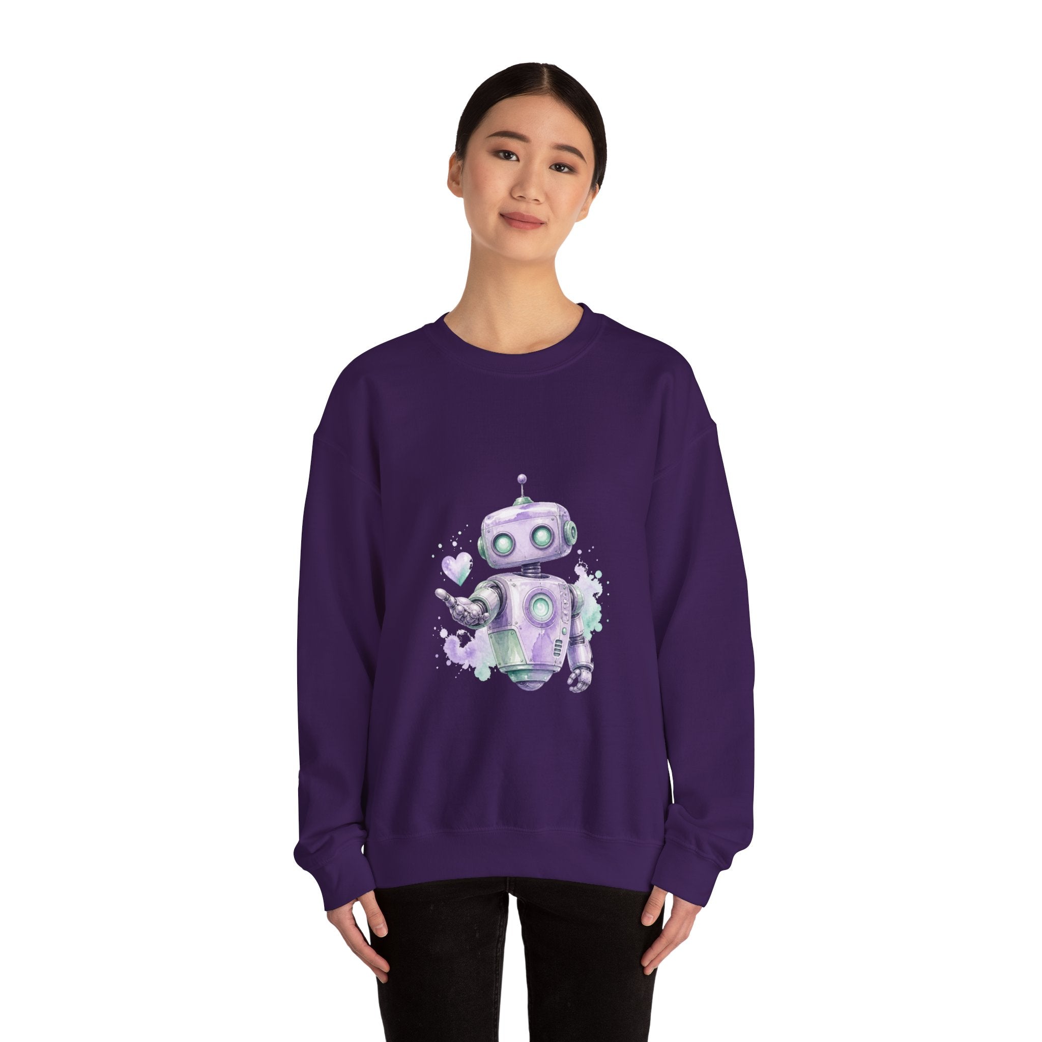 Matching Couple Sweatshirt - Robot & Heart Matching Couple Premium Fleece Sweatshirt Watercolor Art His Hers Birthday Gift - Design A