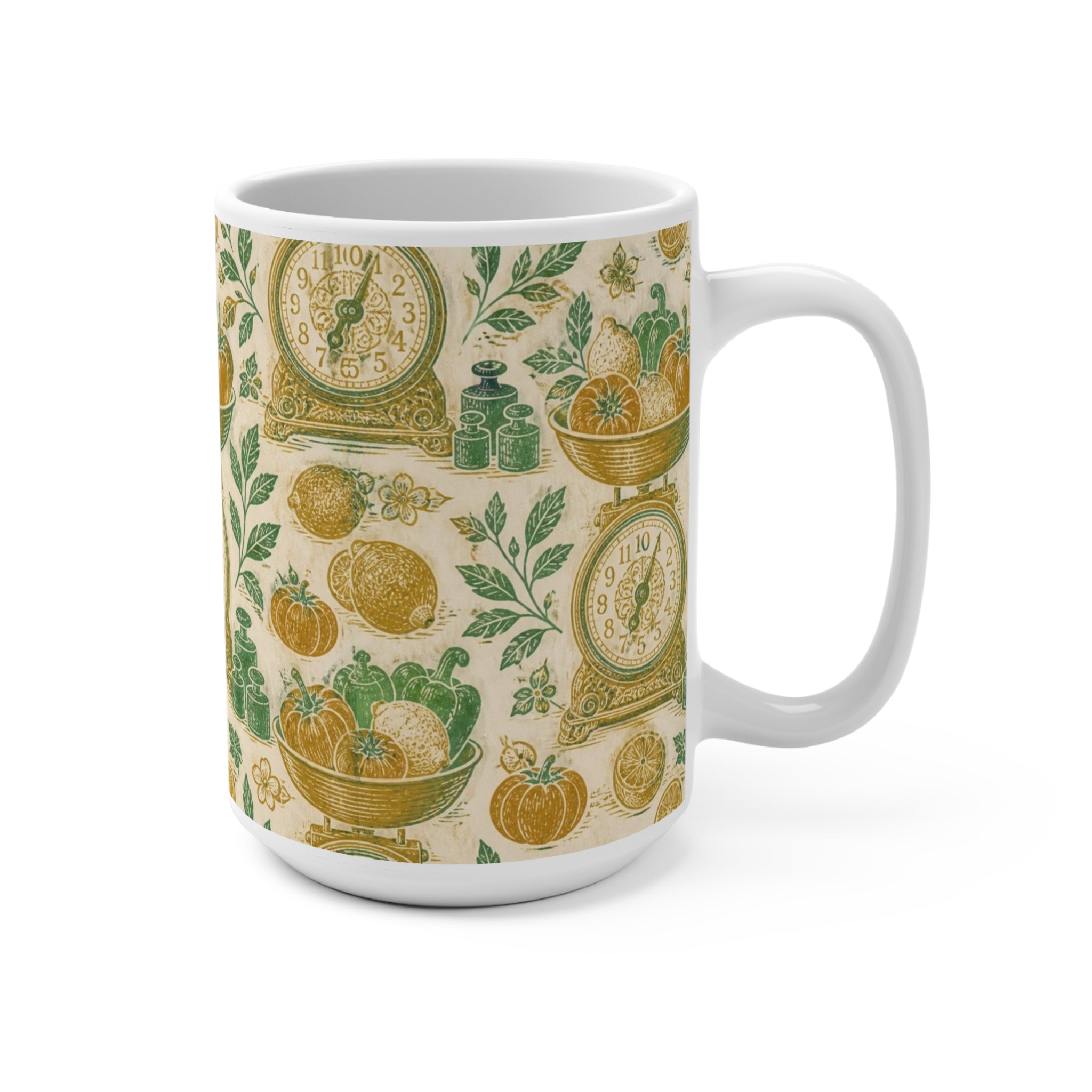 Vintage Kitchen Scale 15oz Ceramic Mug Mediterranean Kitchen Linocut Design Italian Cottagecore Gift