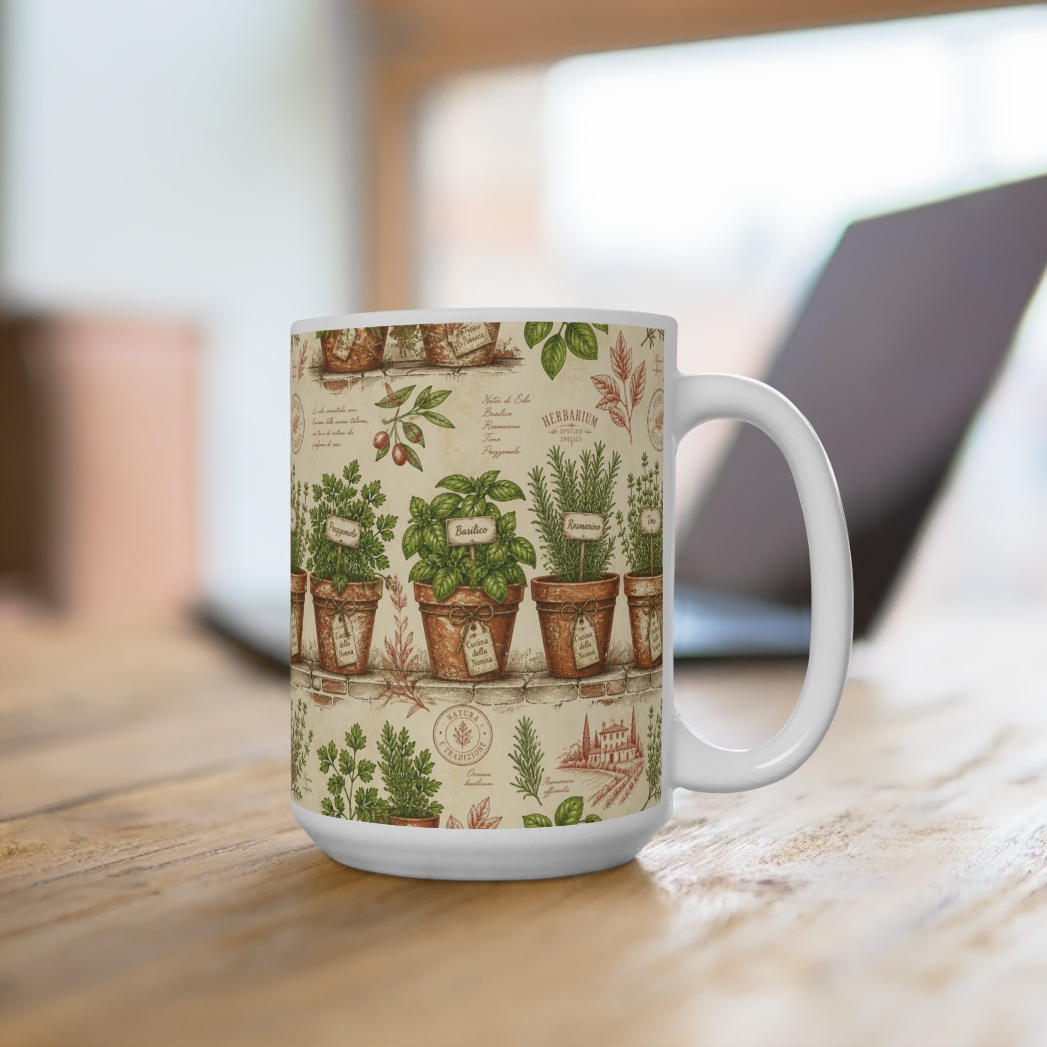 Terracotta Herb Pots 15oz Ceramic Mug Mediterranean Kitchen Botanical Design Italian Cottagecore Gift